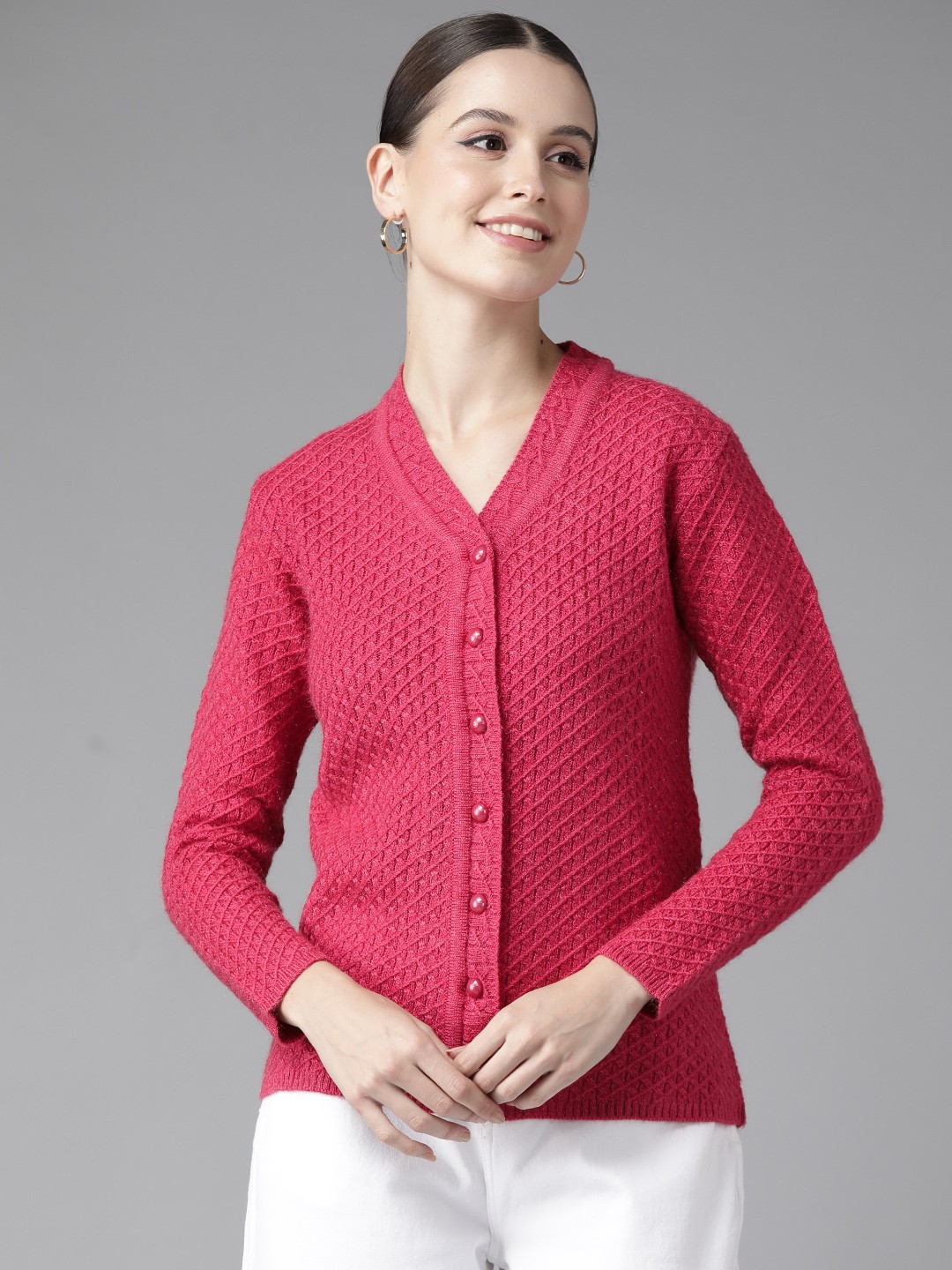 

Cayman Women Cable Knit Woollen Cardigan, Pink