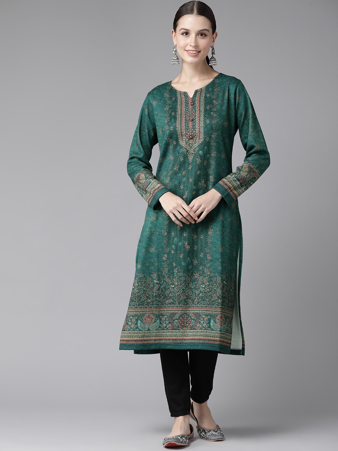 

Cayman Women Floral Printed Woollen Kurta, Teal