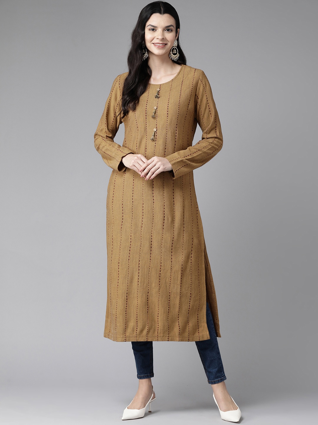 

Cayman Women Striped Woollen Kurta, Brown