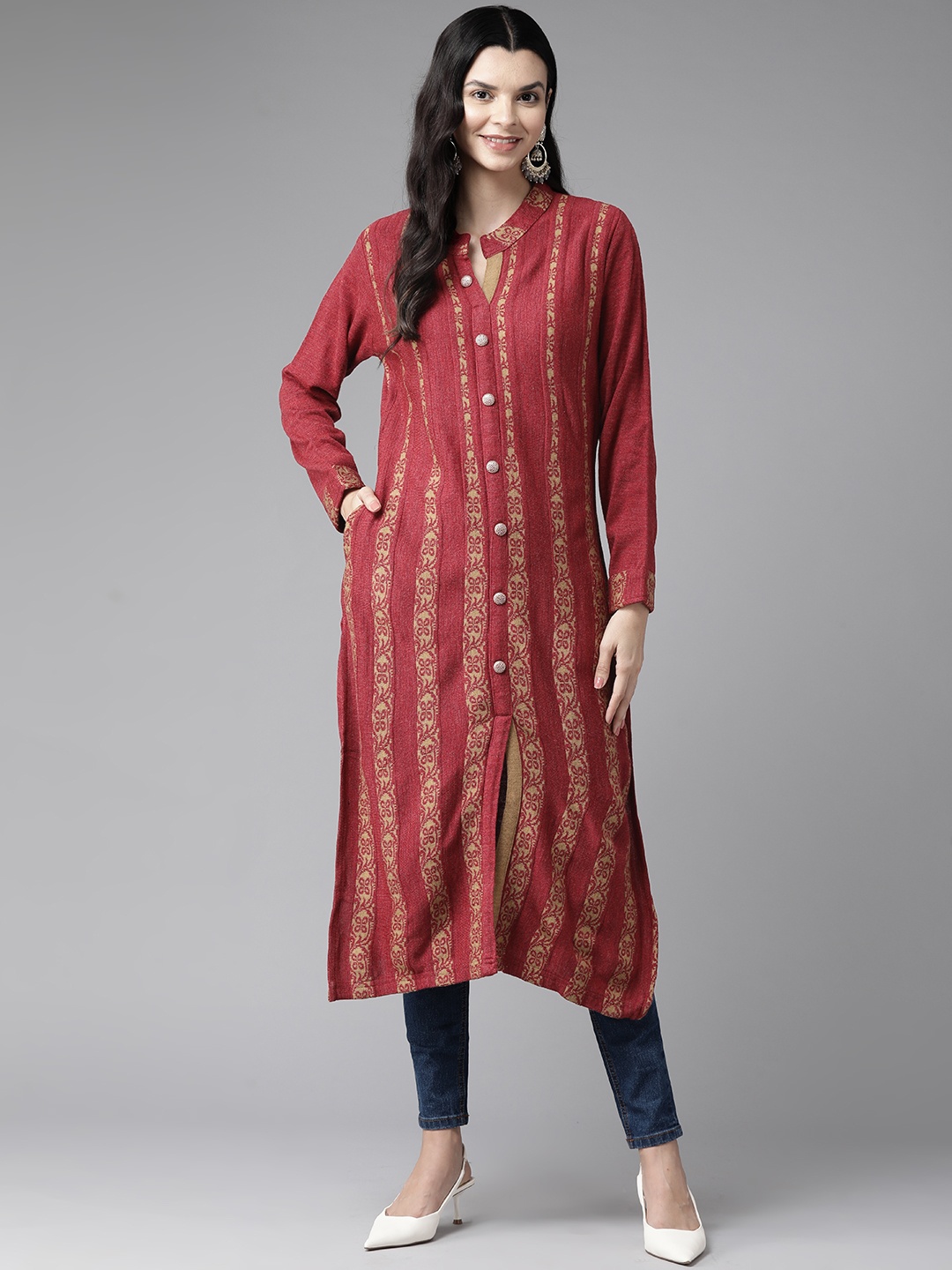 

Cayman Women Striped Woollen Kurta, Maroon