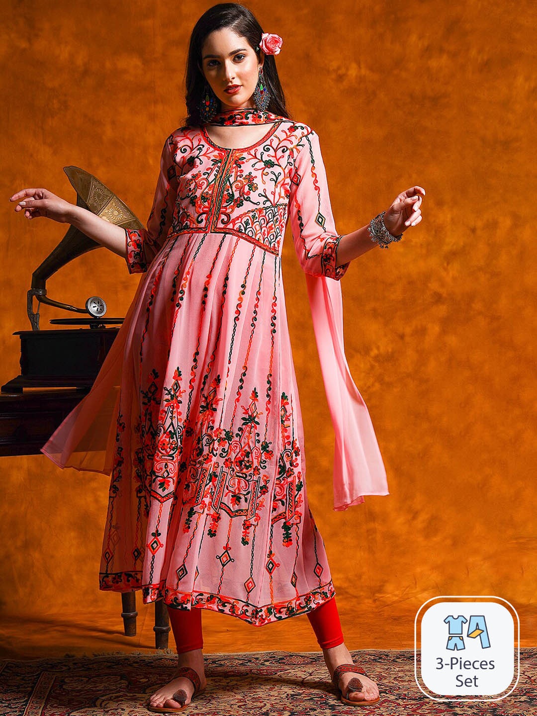 

KALINI Ethnic Motifs Embroidered Anarkali Kurta With Dupatta Set, Pink