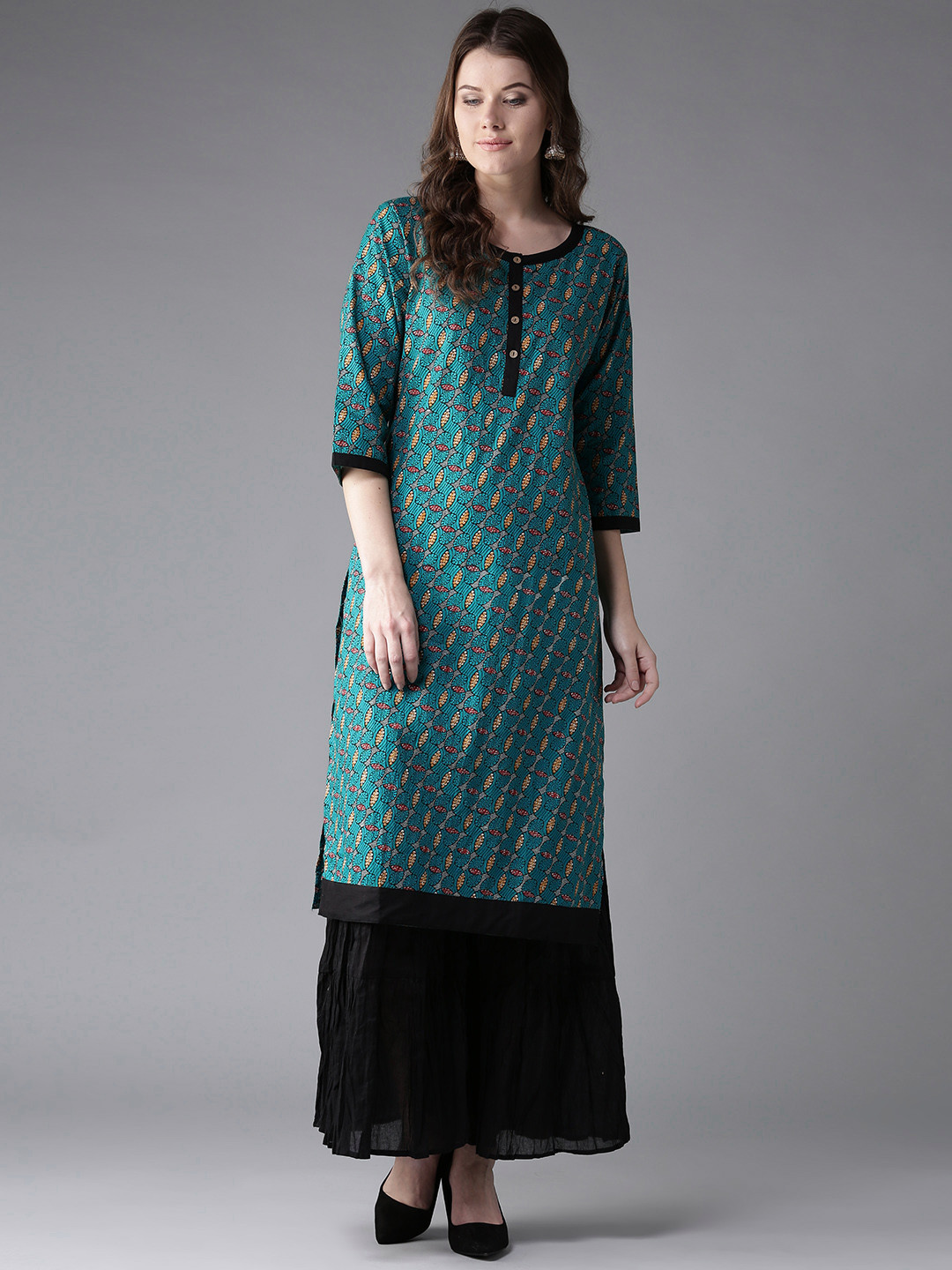 

HERE&NOW Women Green & Black Printed Straight Kurta