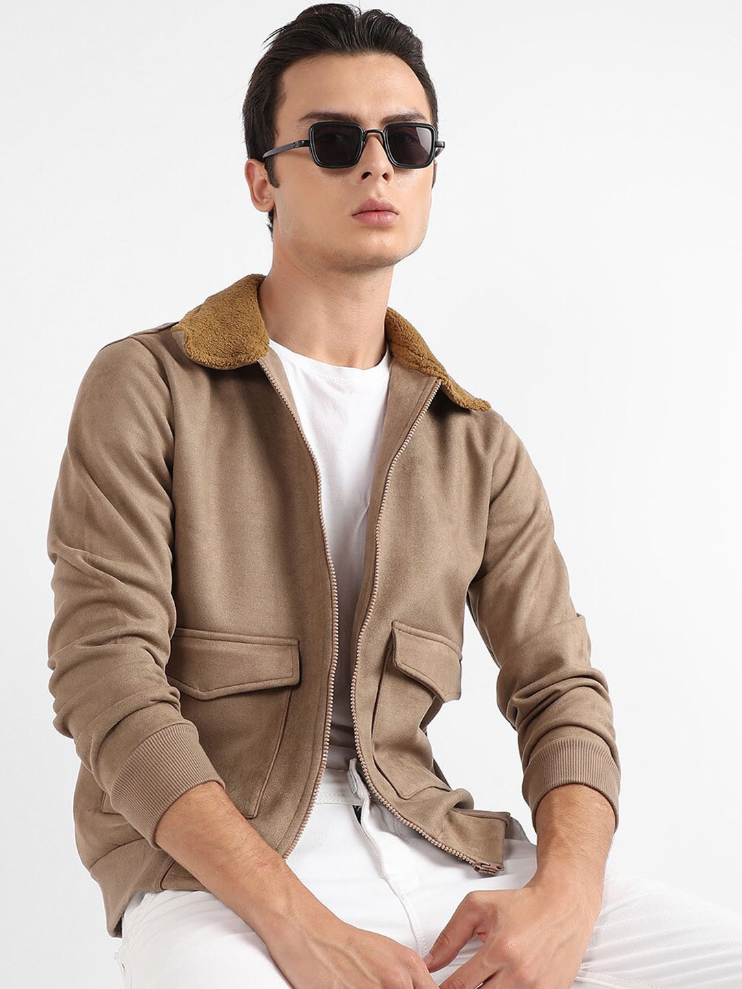 

Campus Sutra Beige Windcheater Cotton Bomber Jacket