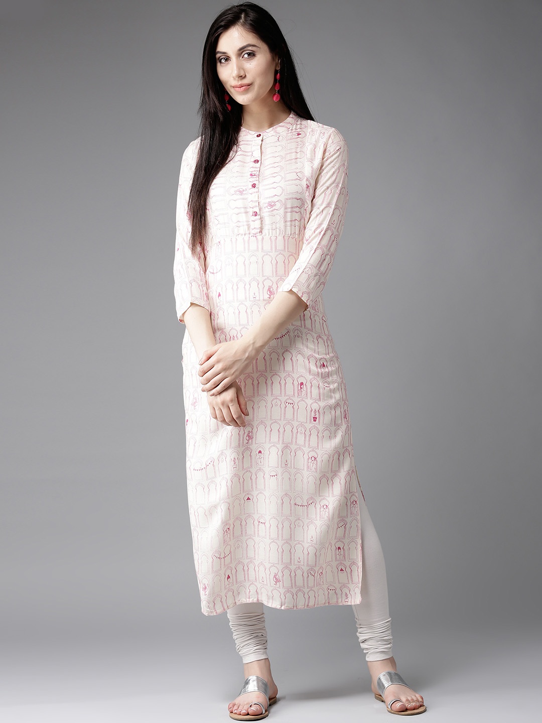 

HERE&NOW Hushed Rose Empire Kurta with Mughal Motifs, Off white