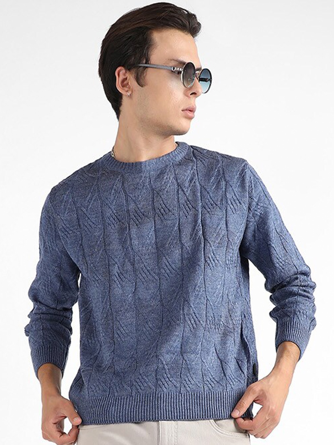 

Campus Sutra Blue Self Design Cable Knit Woollen Pullover