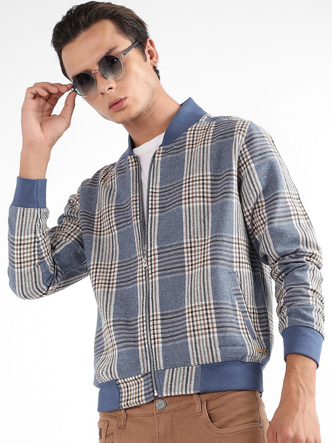 

Campus Sutra Checked Mock Collar Windcheater Cotton Bomber Jacket, Blue