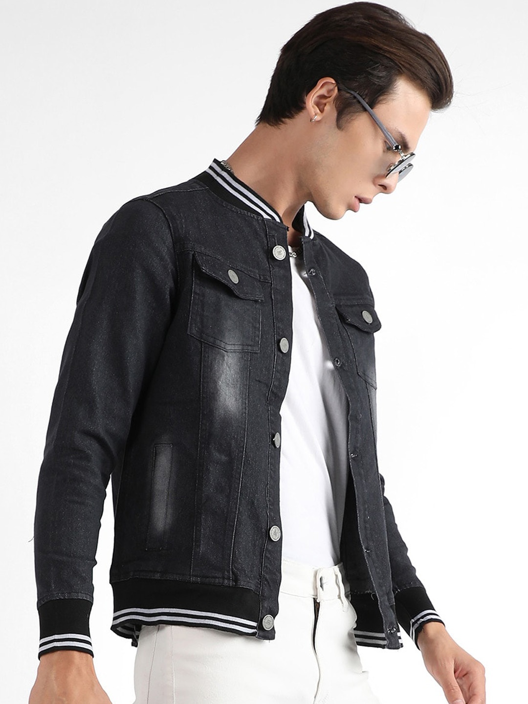 

Campus Sutra Stand Collar Washed Windcheater Denim Jacket, Black