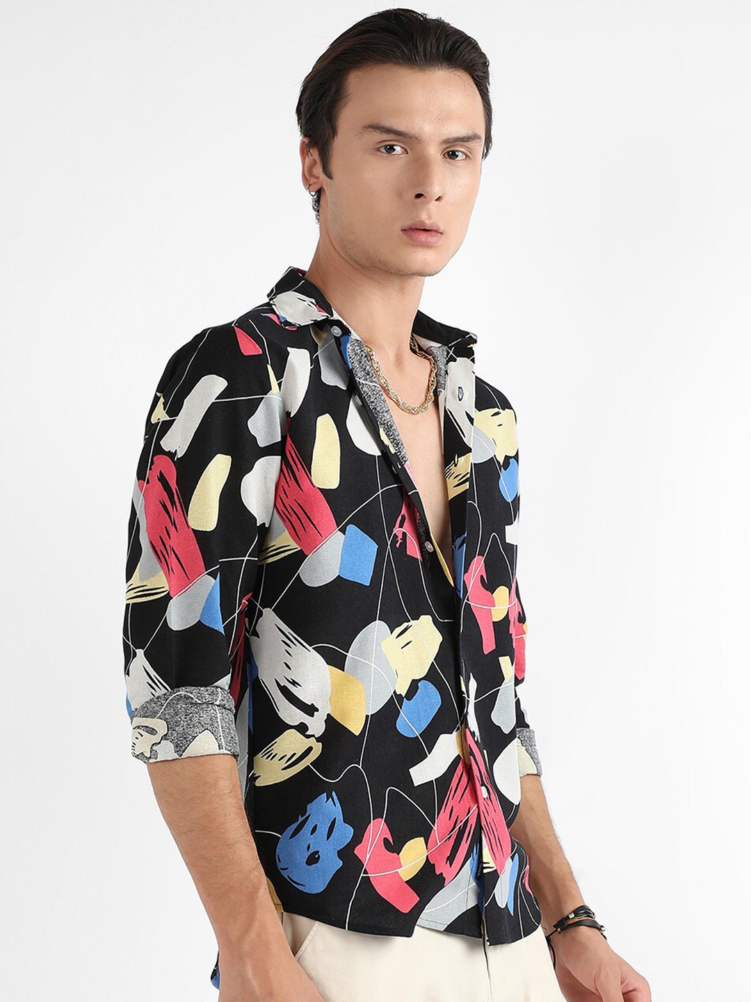 

Campus Sutra Classic Abstract Printed Cotton Casual Shirt, Black