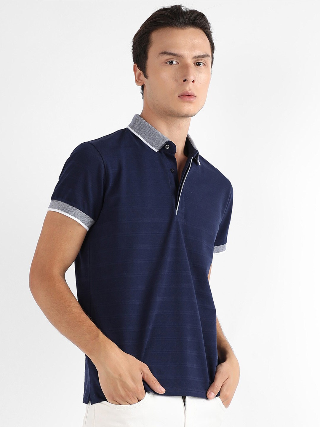 

Campus Sutra Striped Polo Collar Cotton T-shirt, Blue