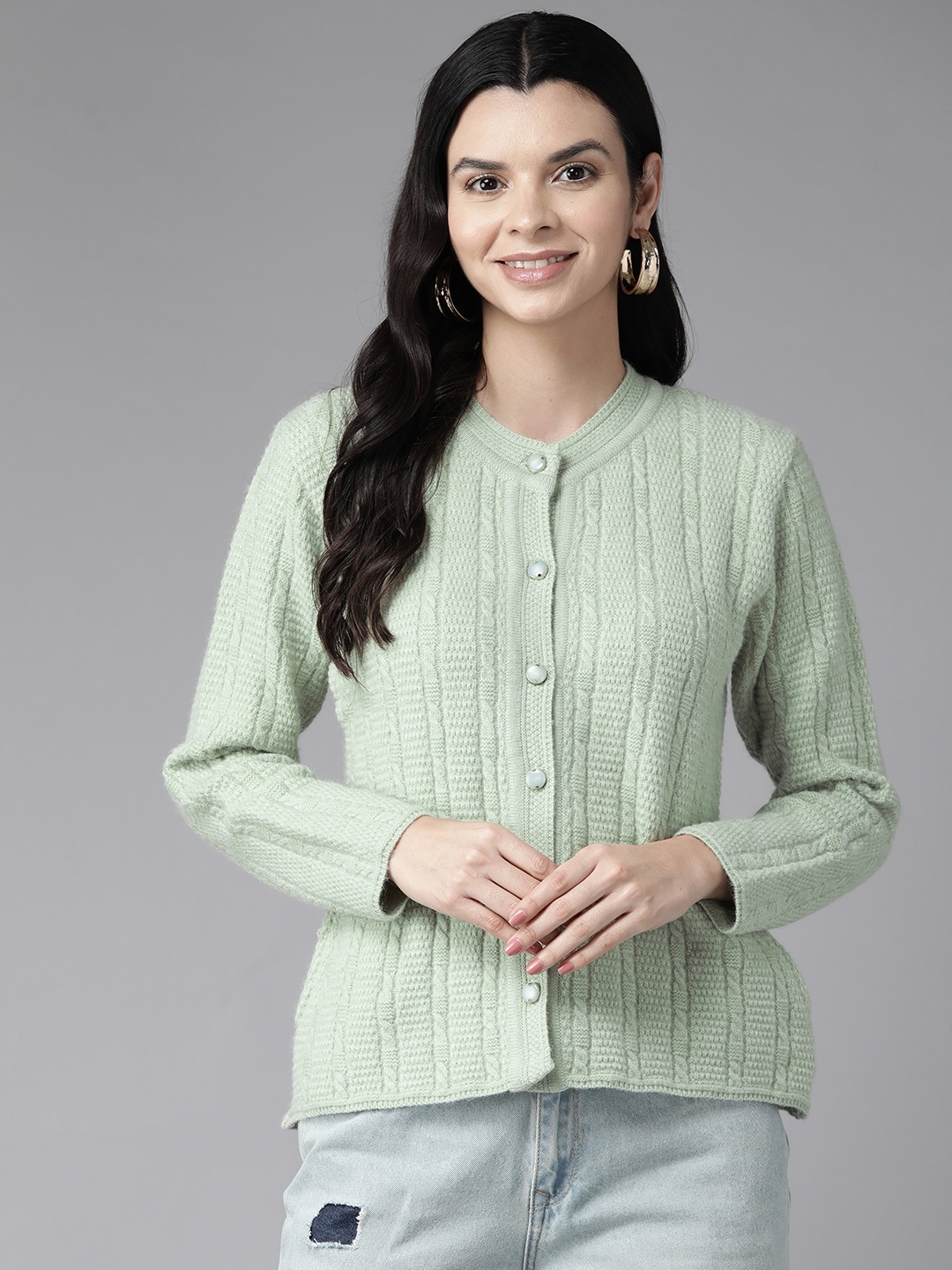 

Cayman Women Cable Knit Woollen Cardigan, Sea green