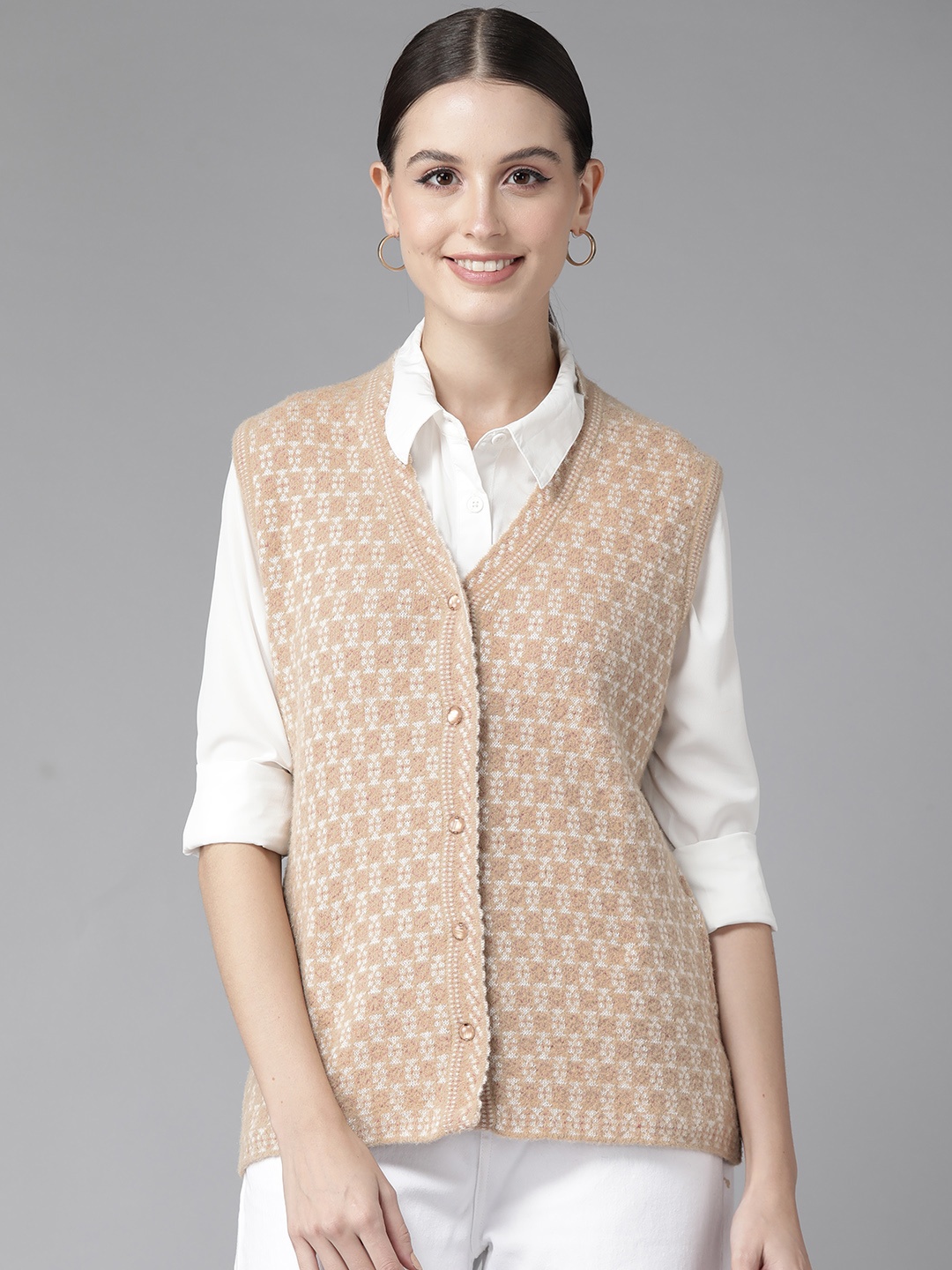 

Cayman Women Printed Woollen Cardigan, Beige