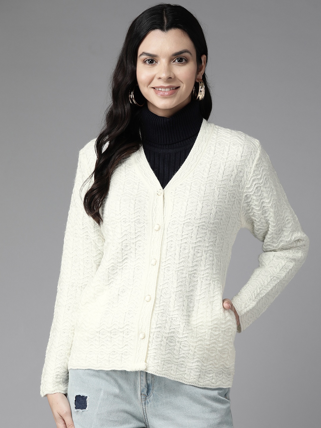 

Cayman Women Cable Knit Woollen Cardigan, Off white