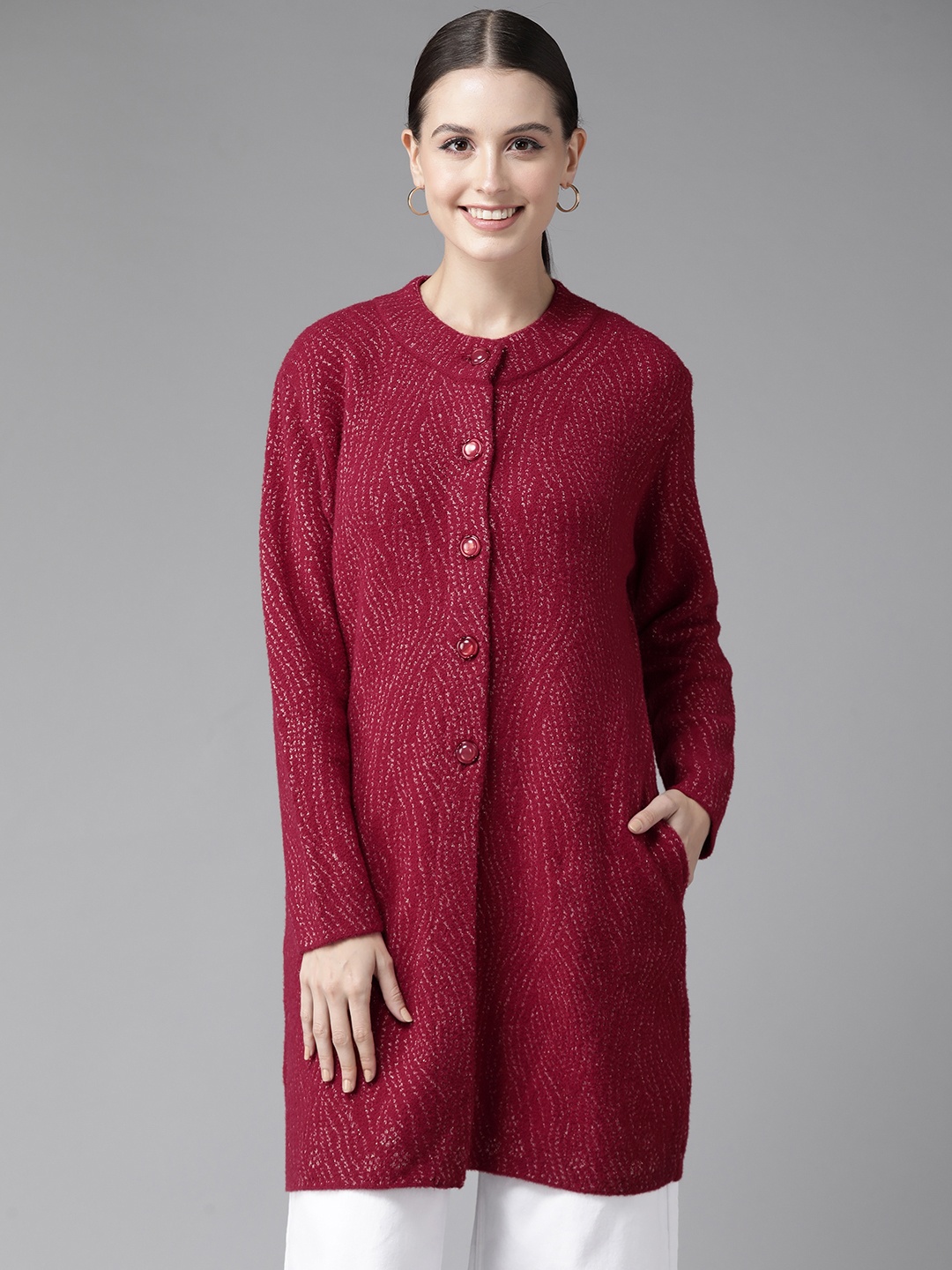 

Cayman Women Printed Woollen Longline Cardigan, Red