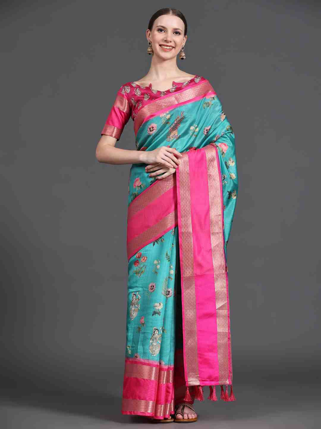 

JUST FASHION Floral Woven Design Zari Kanjeevaram Saree, Pink