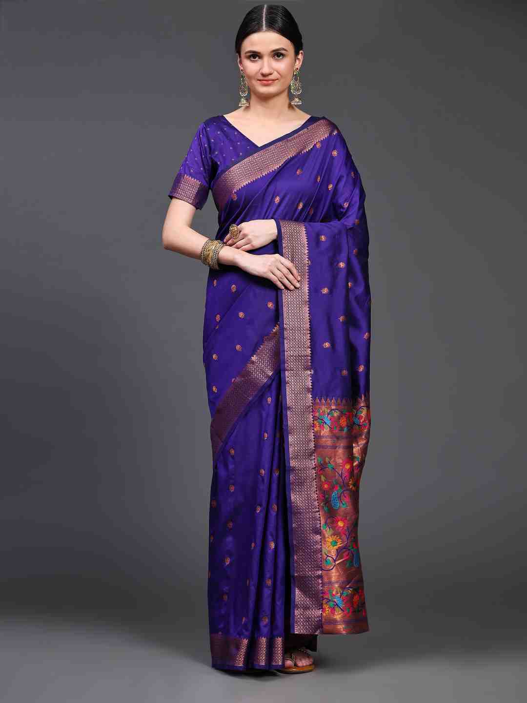

JUST FASHION Ethnic Motifs Woven Design Zari Art Silk Paithani Saree, Purple
