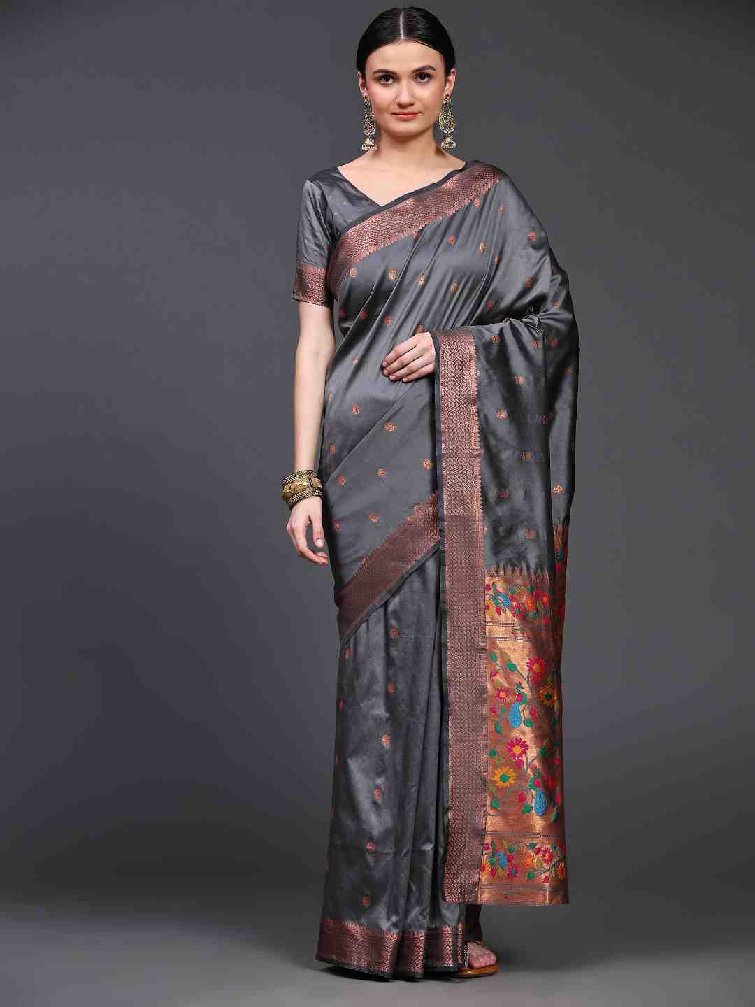 

JUST FASHION Woven Design Zari Paithani Saree, Grey