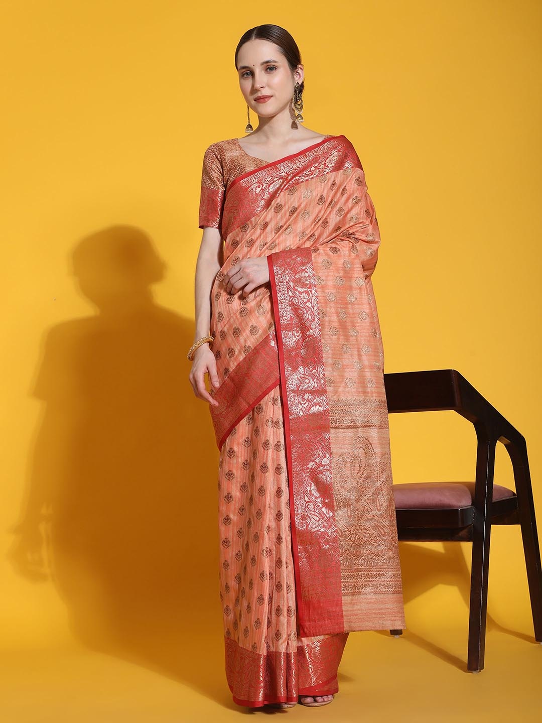 

JUST FASHION Ethnic Motifs Woven Design Zari Art Silk Banarasi Saree, Orange