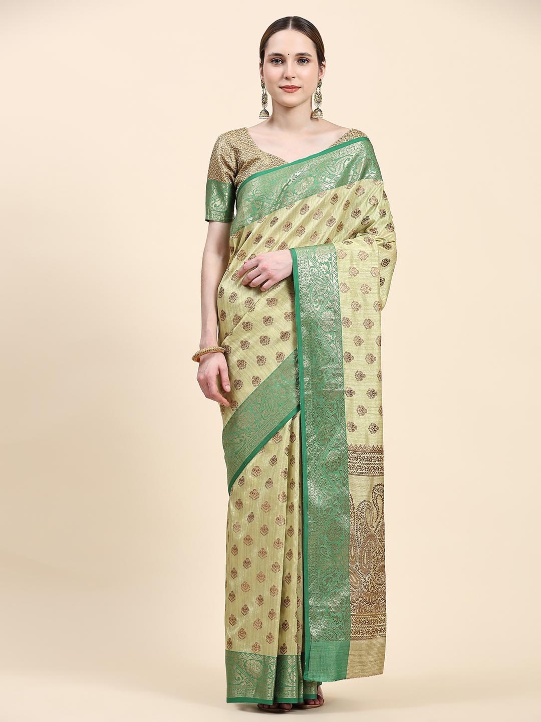 

JUST FASHION Ethnic Motifs Woven Design Zari Art Silk Banarasi Saree, Green
