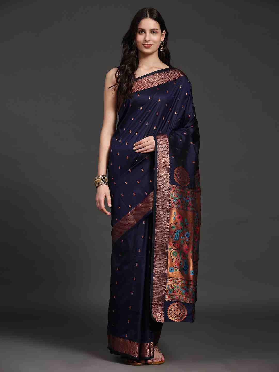 

JUST FASHION Ethnic Motifs Woven Design Zari Detail Saree, Navy blue