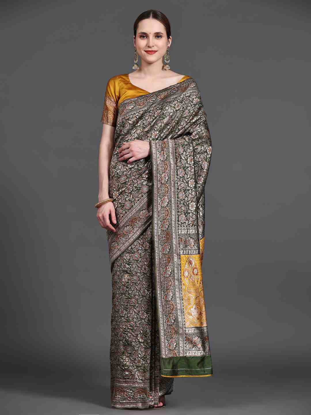 

JUST FASHION Ethnic Motifs Woven Design Zari Banarasi Saree, Green
