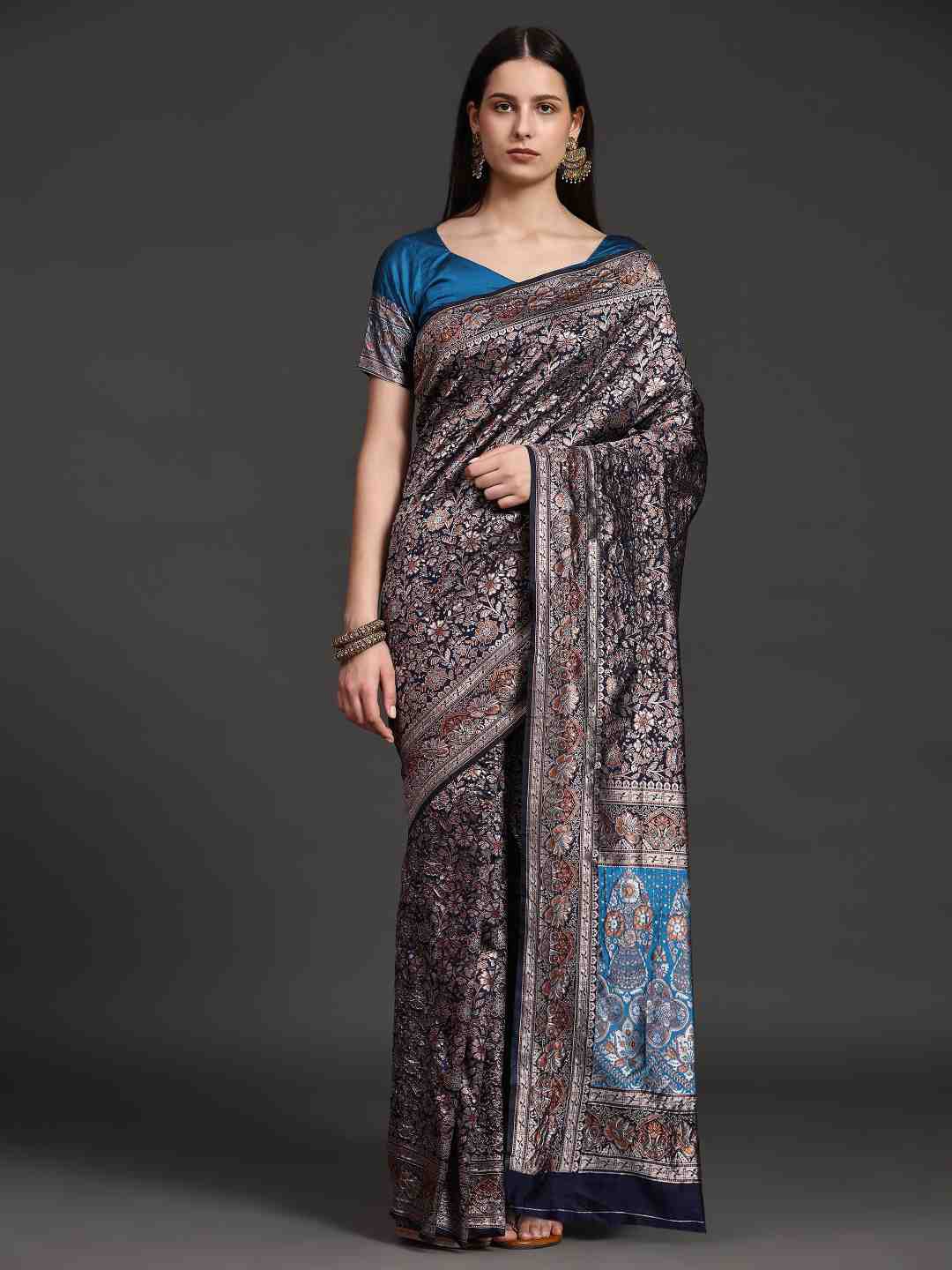 

JUST FASHION Floral Woven Design Saree, Navy blue