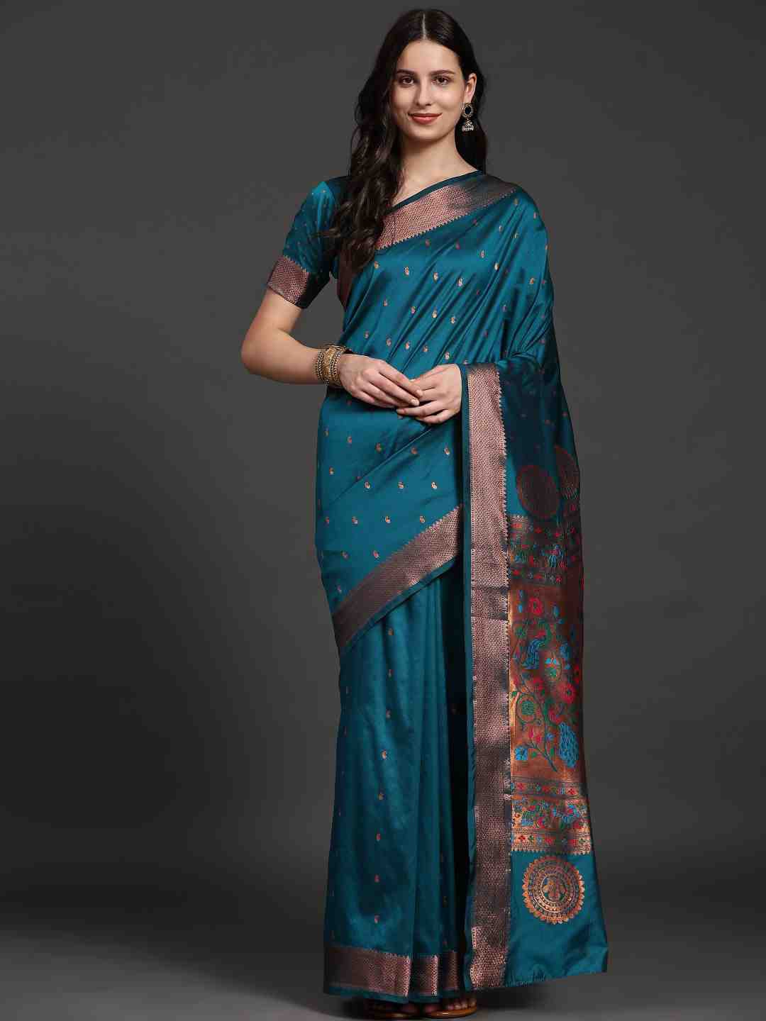 

JUST FASHION Ethnic Motifs Woven Design Zari Paithani Saree, Teal