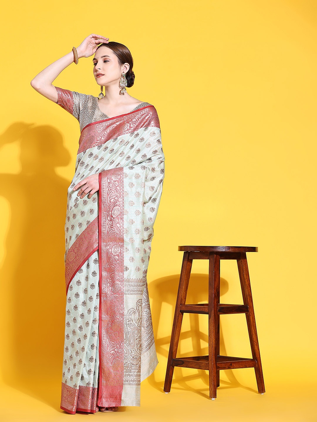

JUST FASHION Ethnic Motifs Woven Design Zari Art Silk Banarasi Saree, Sea green