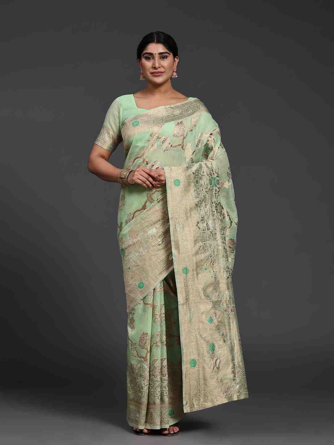 

JUST FASHION Floral Woven Design Zari Detail Pure Linen Saree, Green