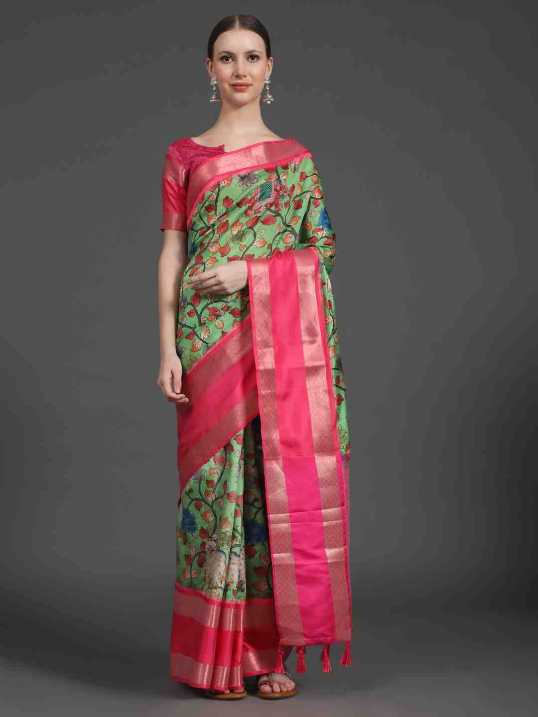 

JUST FASHION Floral Printed Zari Kanjeevaram Saree, Pink