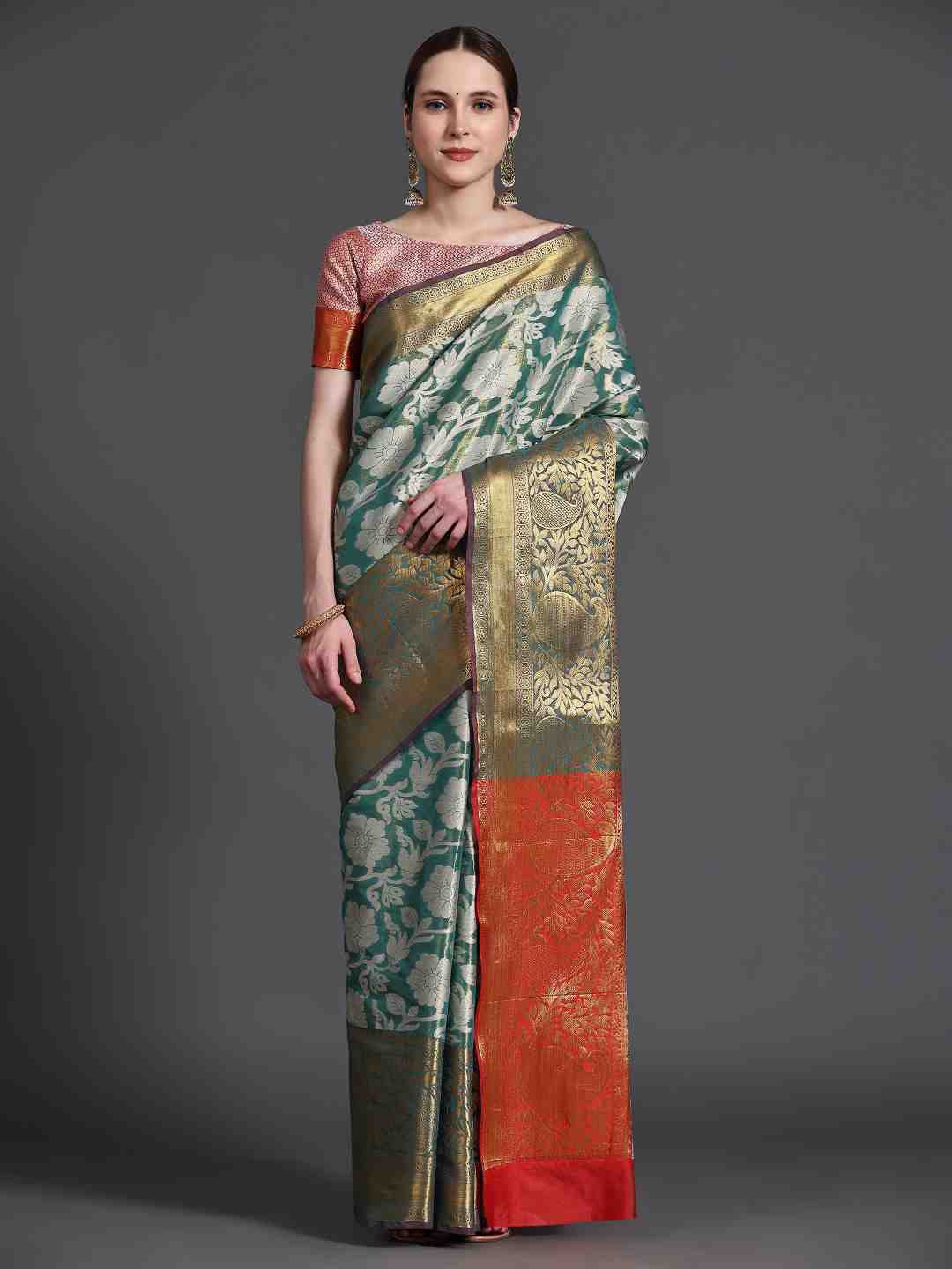 

JUST FASHION Woven Design Zari Kanjeevaram Saree, Teal