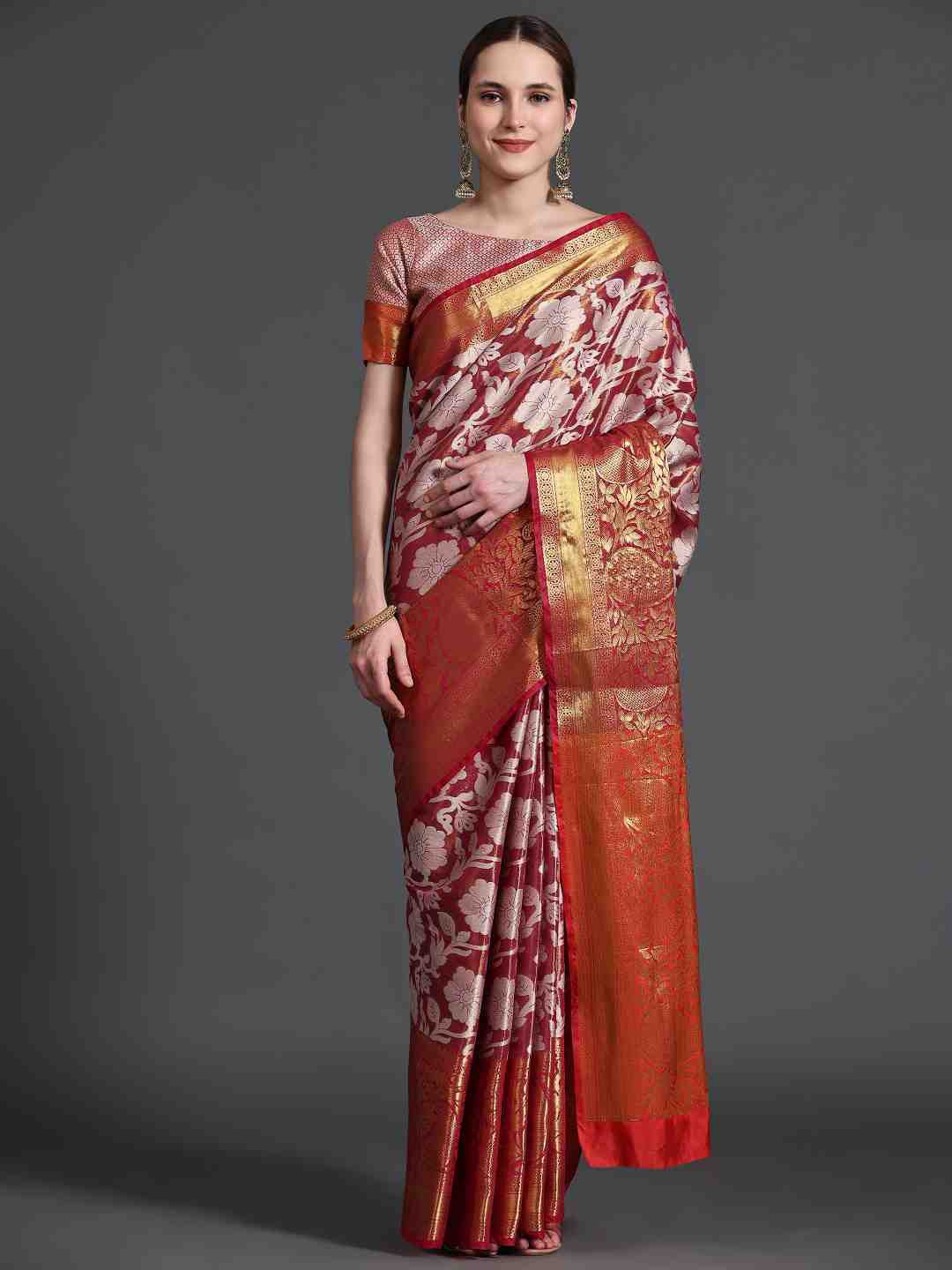 

JUST FASHION Floral Woven Design Zari Kanjeevaram Saree, Pink