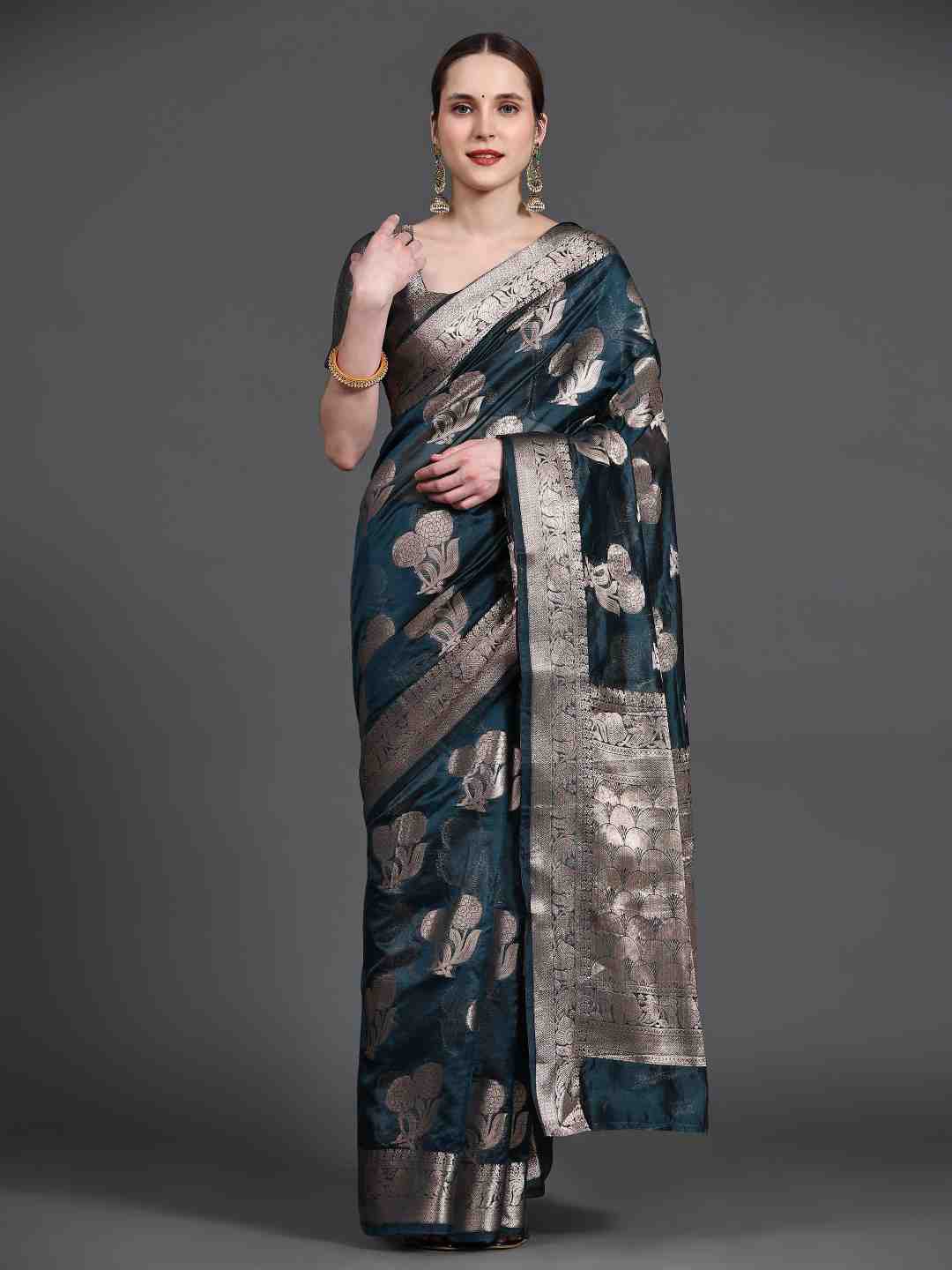 

JUST FASHION Ethnic Motifs Woven Design Zari Organza Banarasi Saree, Blue