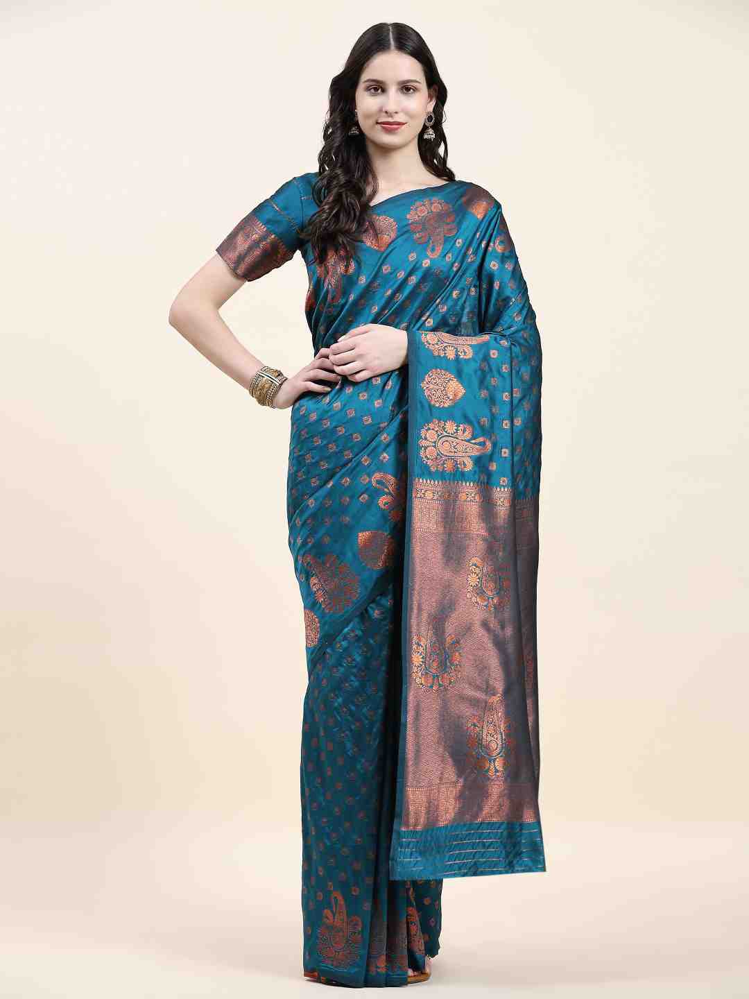 

JUST FASHION Ethnic Motifs Woven Design Zari Banarasi Saree, Teal