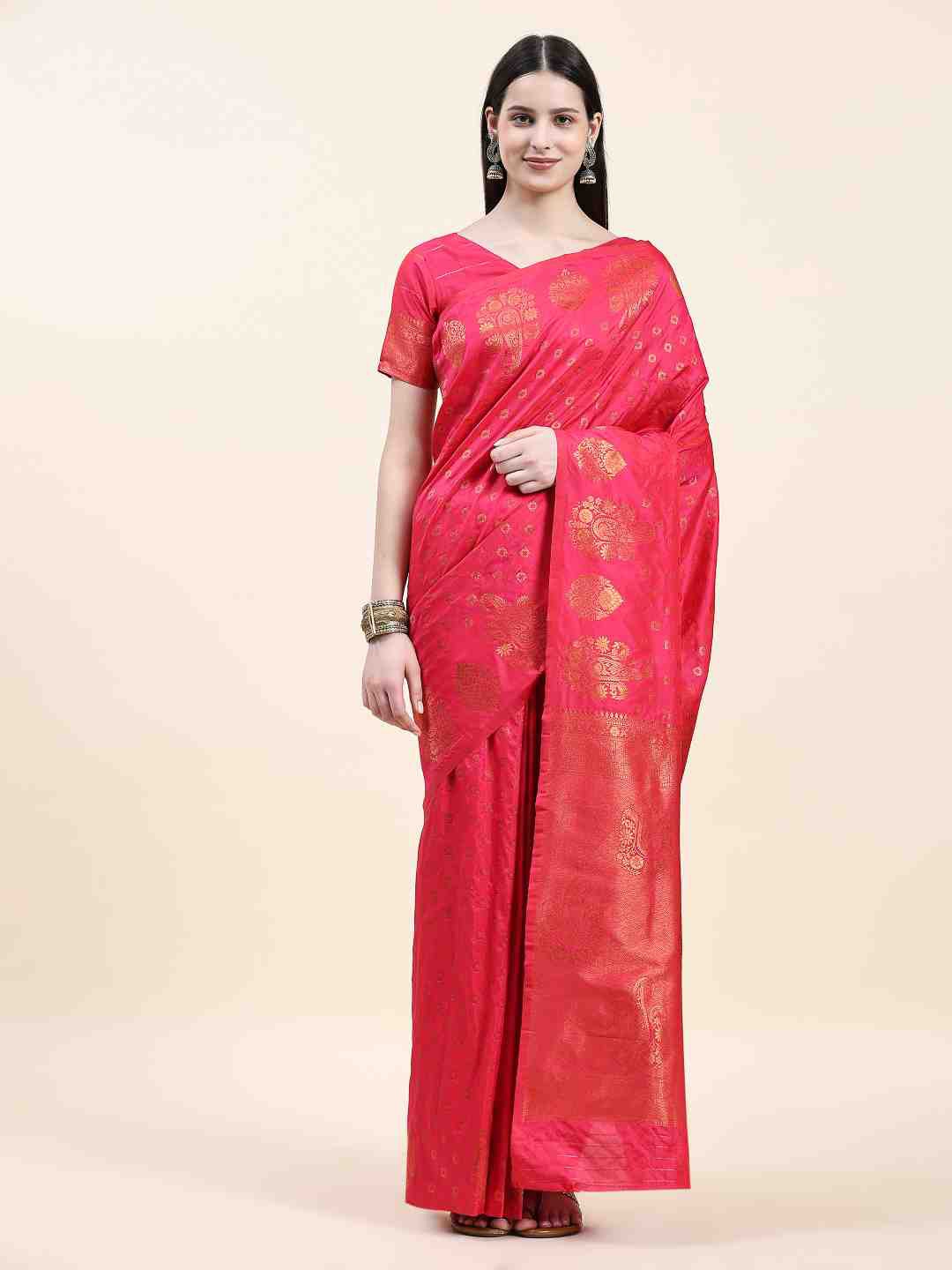 

JUST FASHION Ethnic Motifs Woven Design Zari Banarasi Saree, Pink