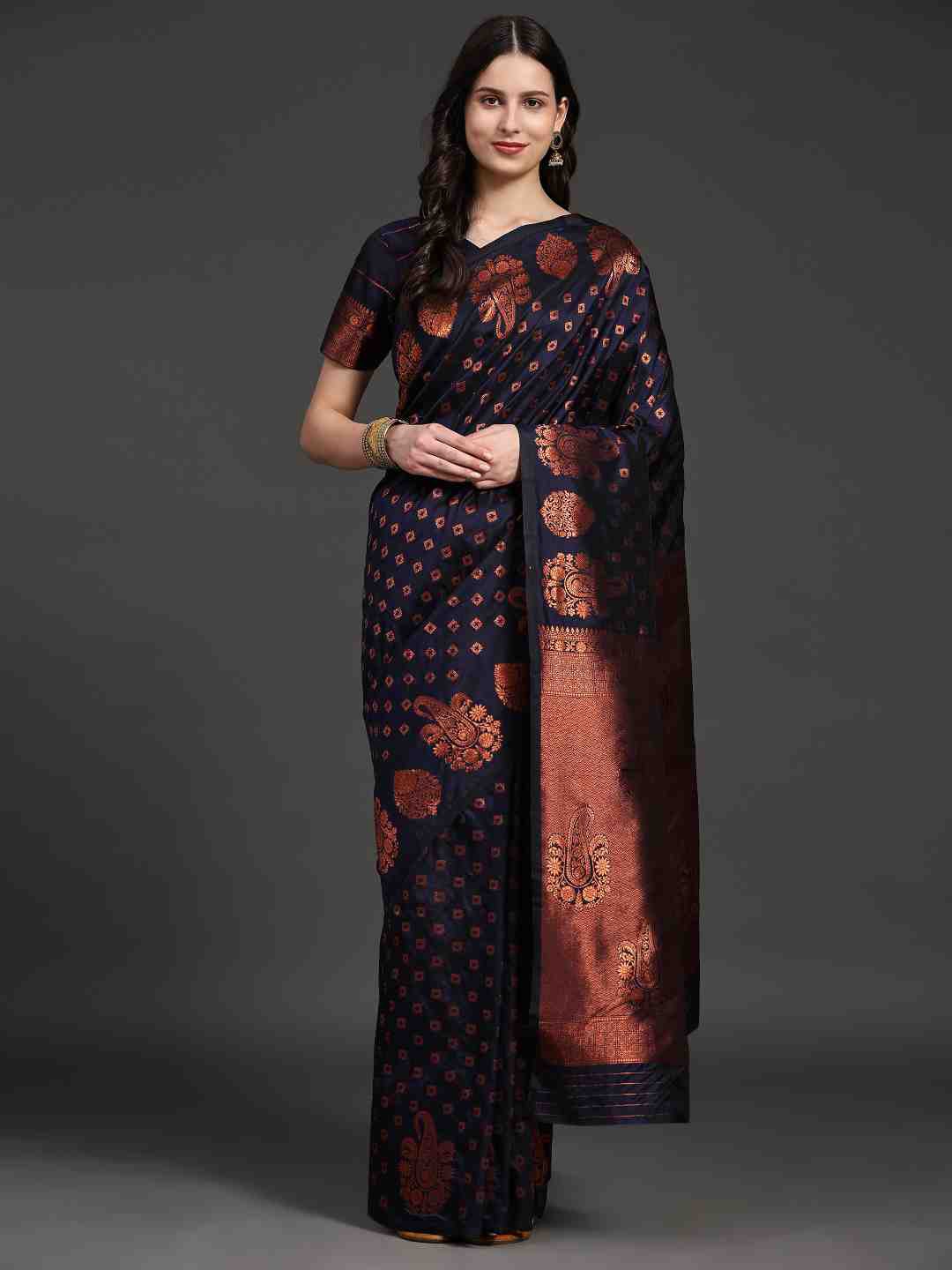 

JUST FASHION Ethnic Motifs Woven Design Zari Banarasi Saree, Navy blue