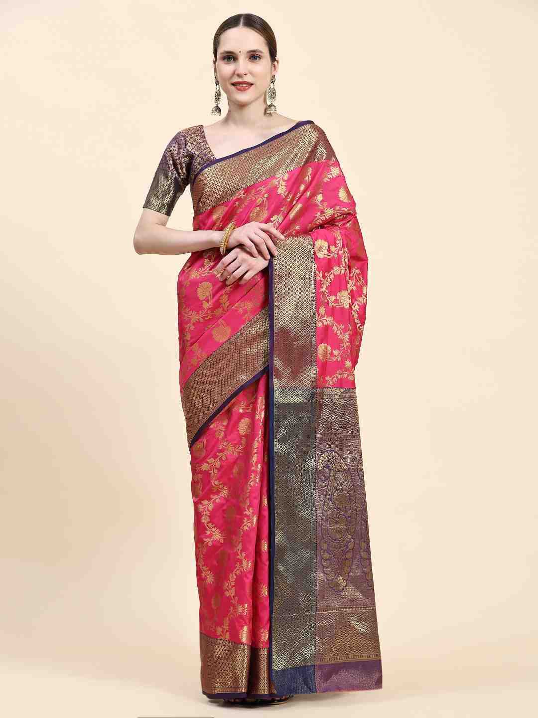 

JUST FASHION Ethnic Motifs Woven Design Zari Banarasi Saree, Pink