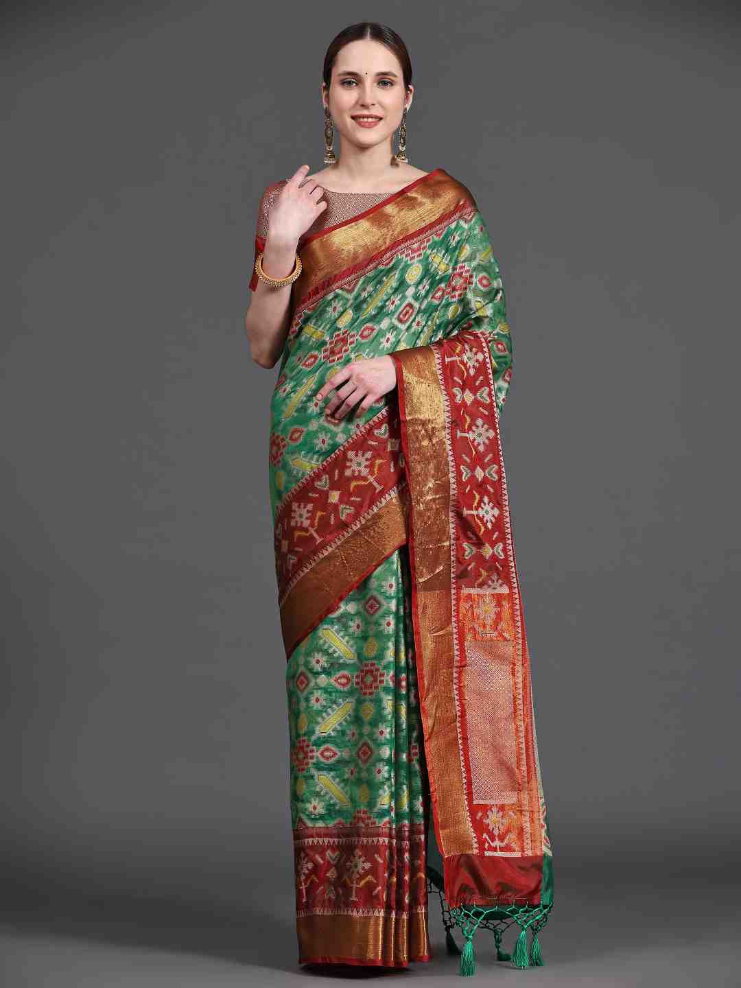 

JUST FASHION Geometric Woven Design Zari Art Silk Ikat Saree, Green