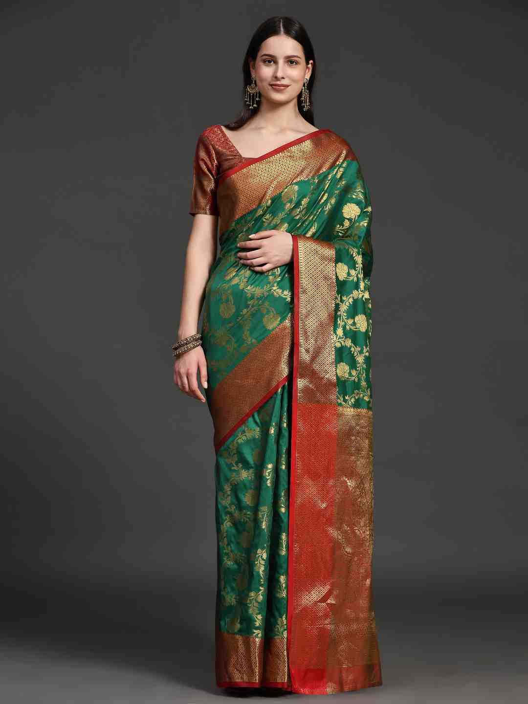 

JUST FASHION Floral Woven Design Zari Saree, Green