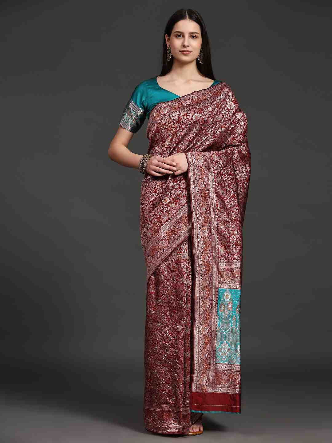 

JUST FASHION Floral Woven Design Zari Banarasi Saree, Maroon