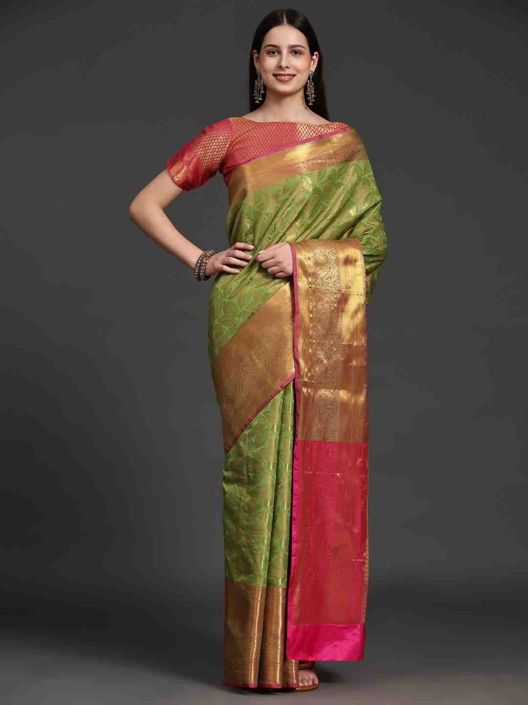 

JUST FASHION Floral Woven Design Zari Banarasi Saree, Green