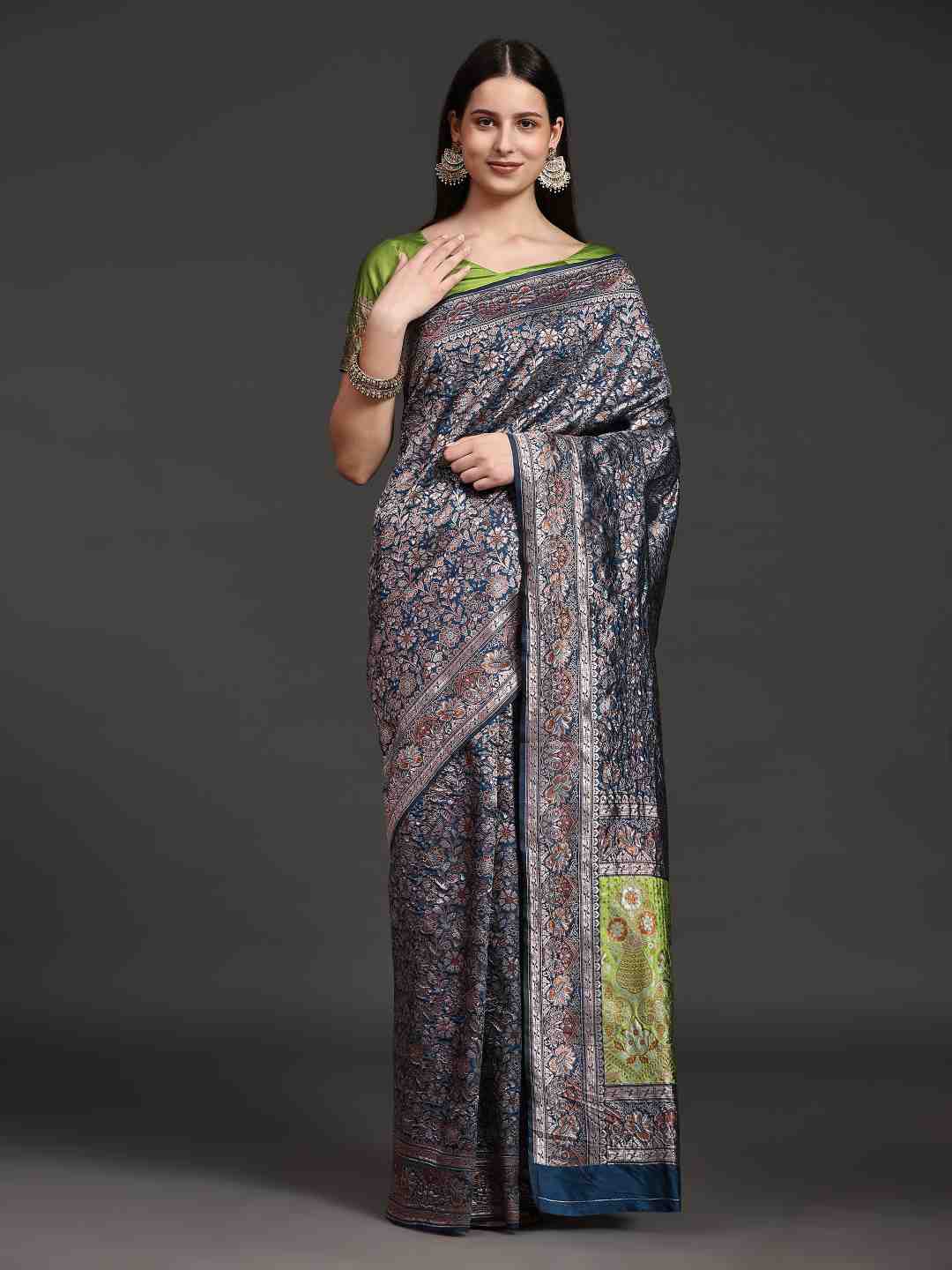 

JUST FASHION Floral Printed Zari Banarasi Saree, Blue