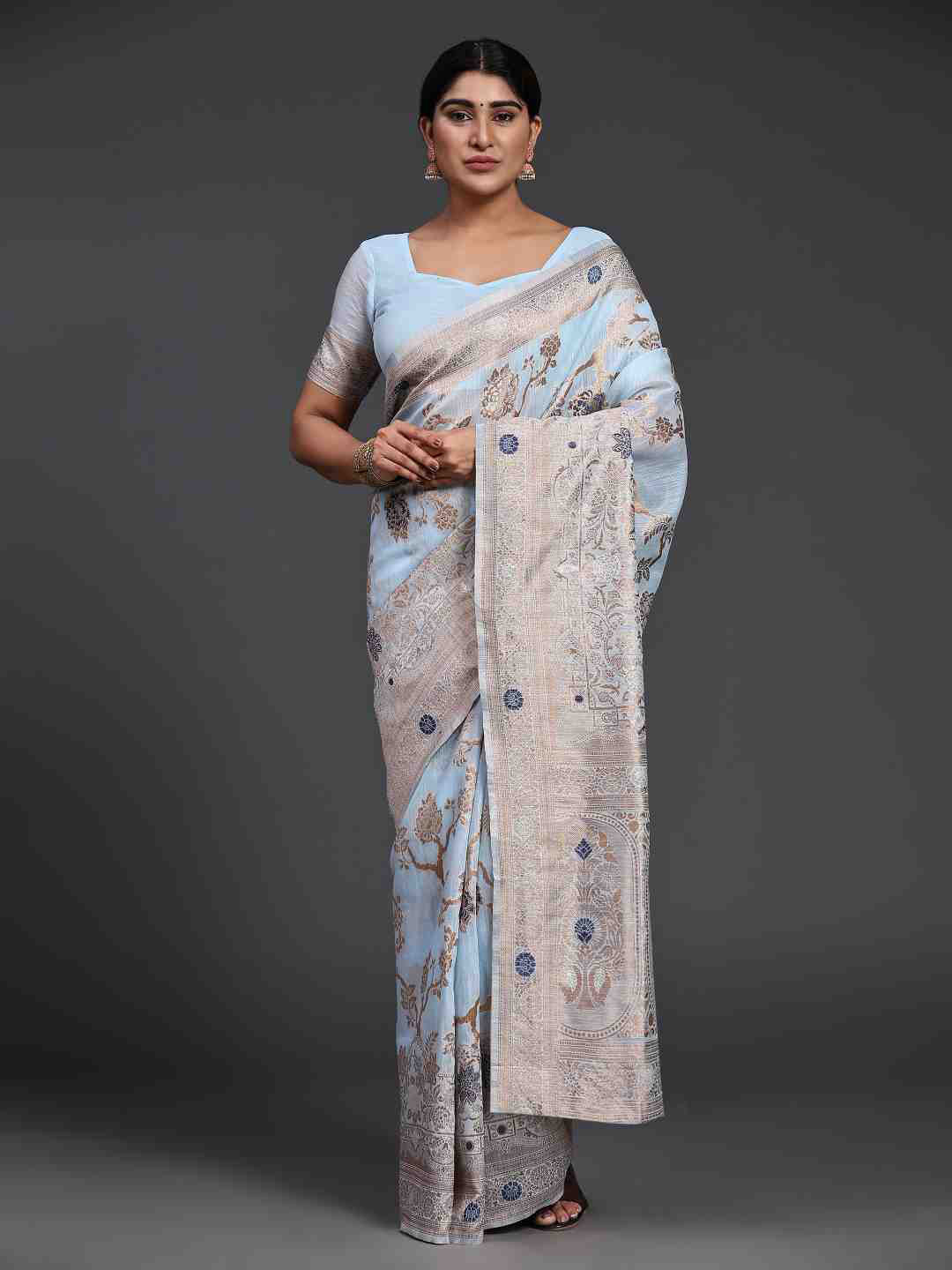 

JUST FASHION Floral Woven Design Zari Pure Linen Banarasi Saree, Blue