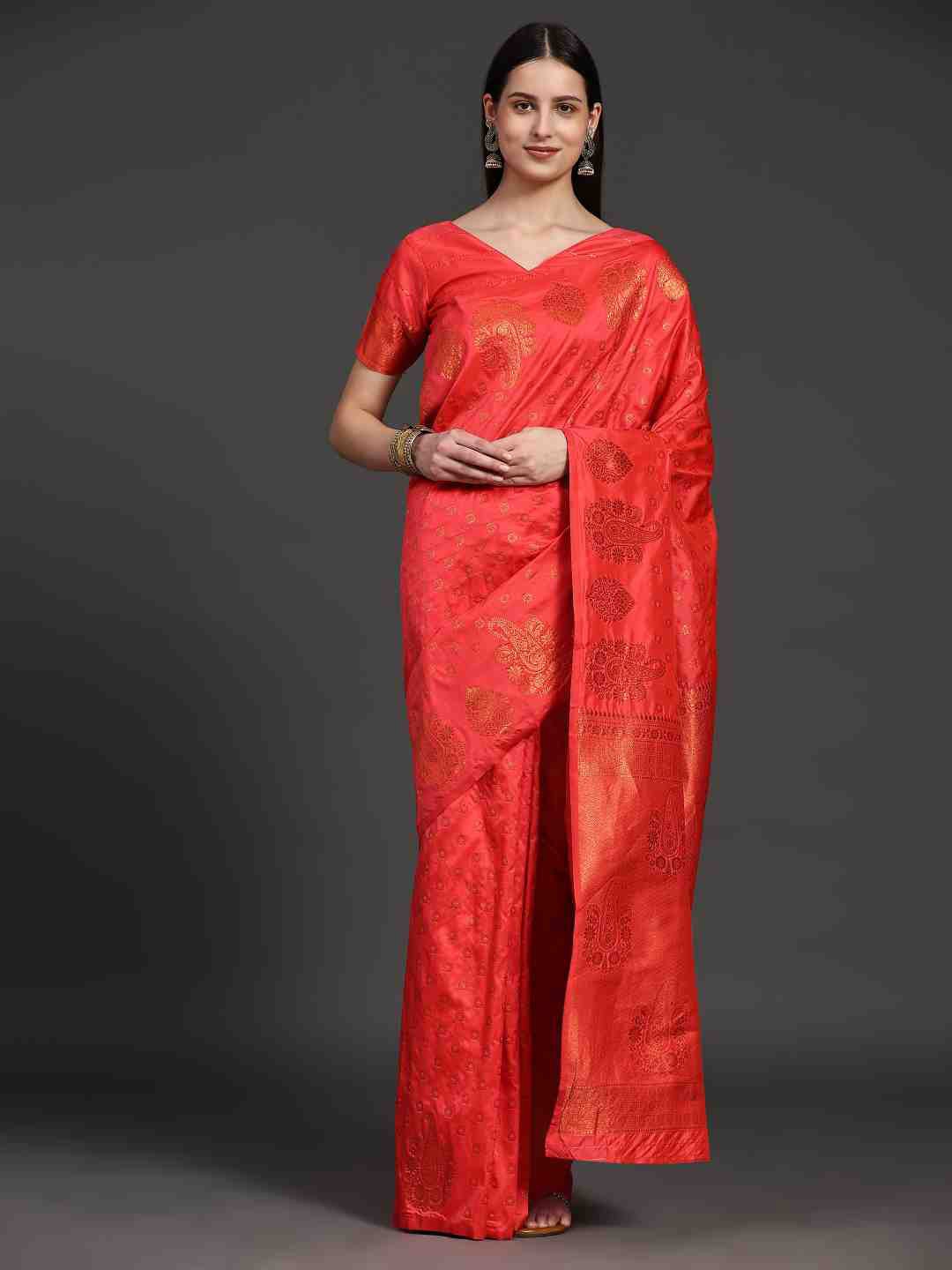 

JUST FASHION Ethnic Motifs Woven Design Zari Detail Saree, Pink