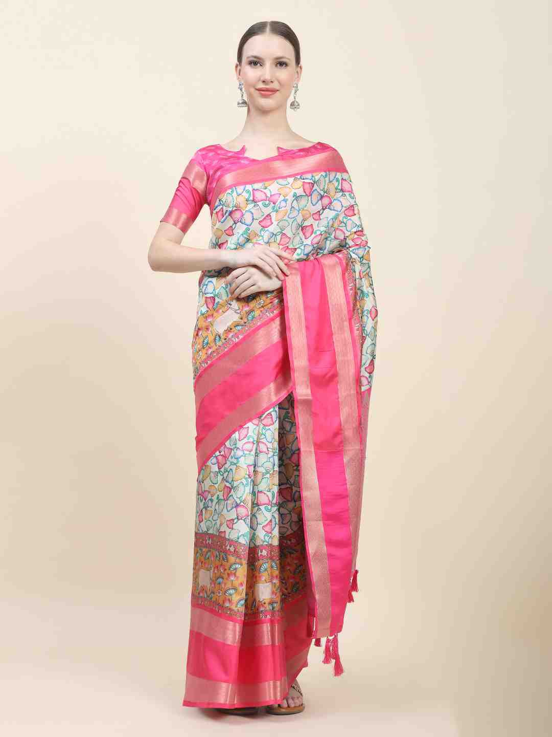 

JUST FASHION Floral Printed Zari Kanjeevaram Saree, Pink