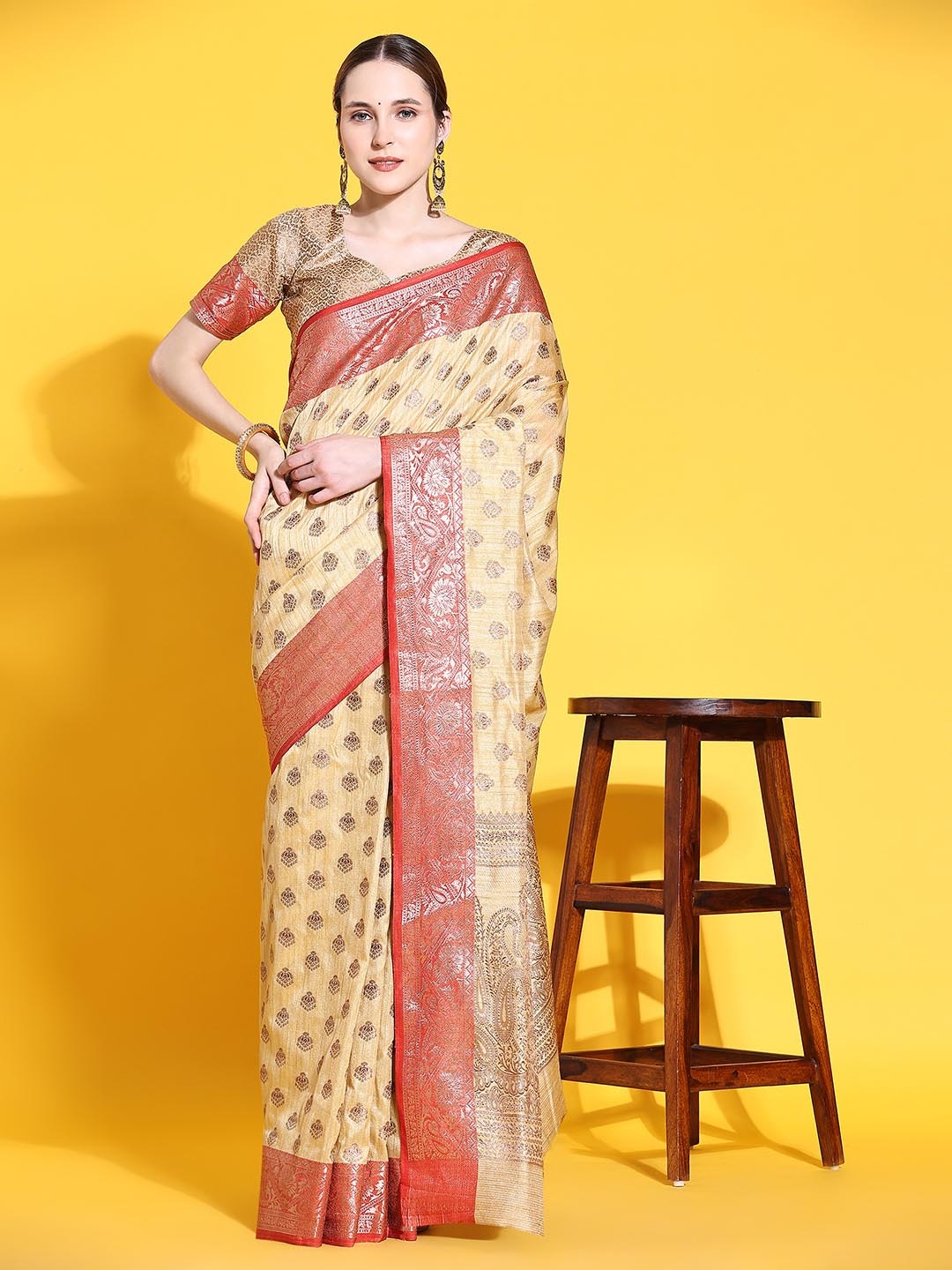 

JUST FASHION Ethnic Motifs Woven Design Zari Detailed Saree, Yellow