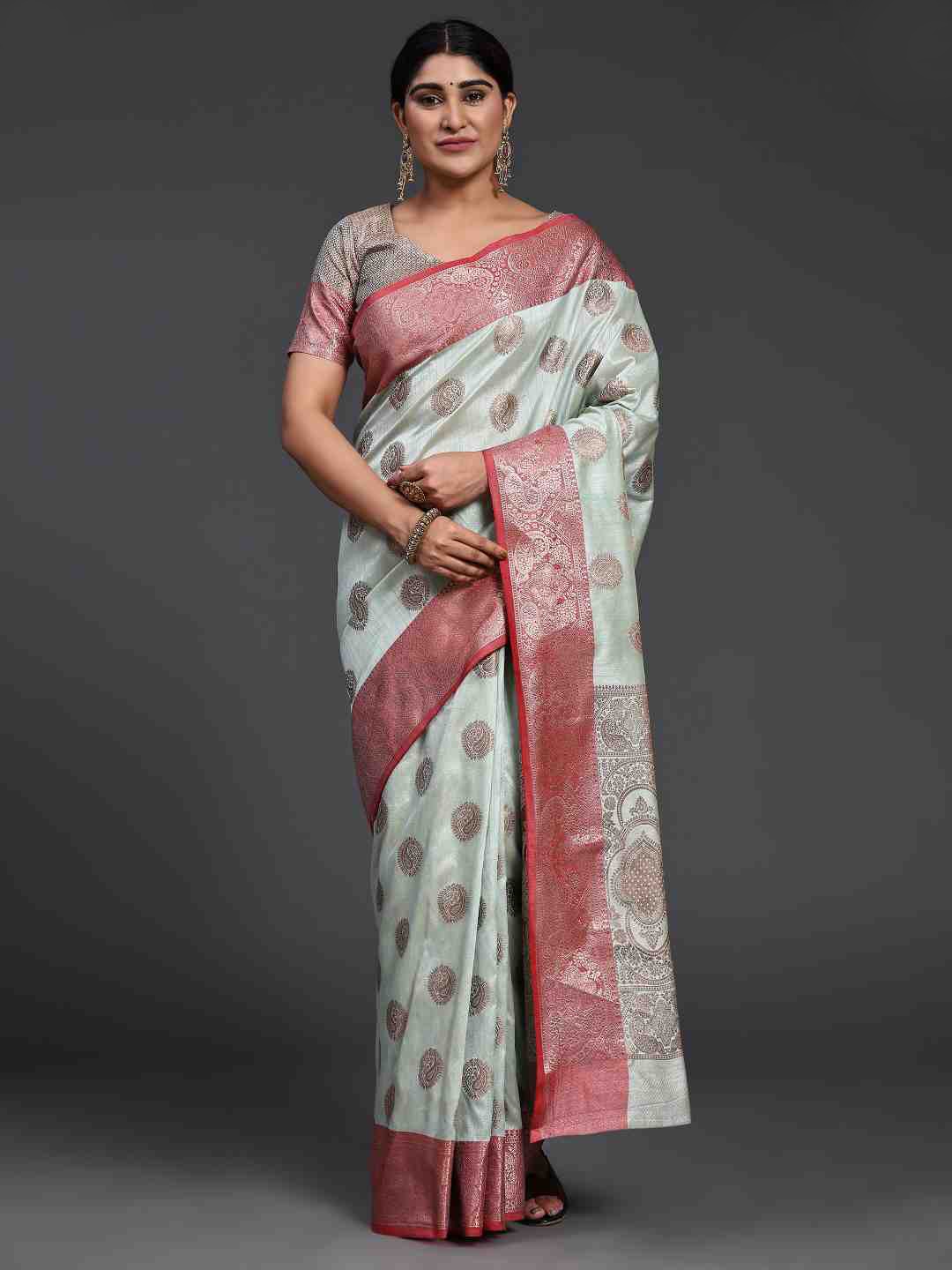 

JUST FASHION Ethnic Motifs Woven Design Zari Art Silk Banarasi Saree, Teal