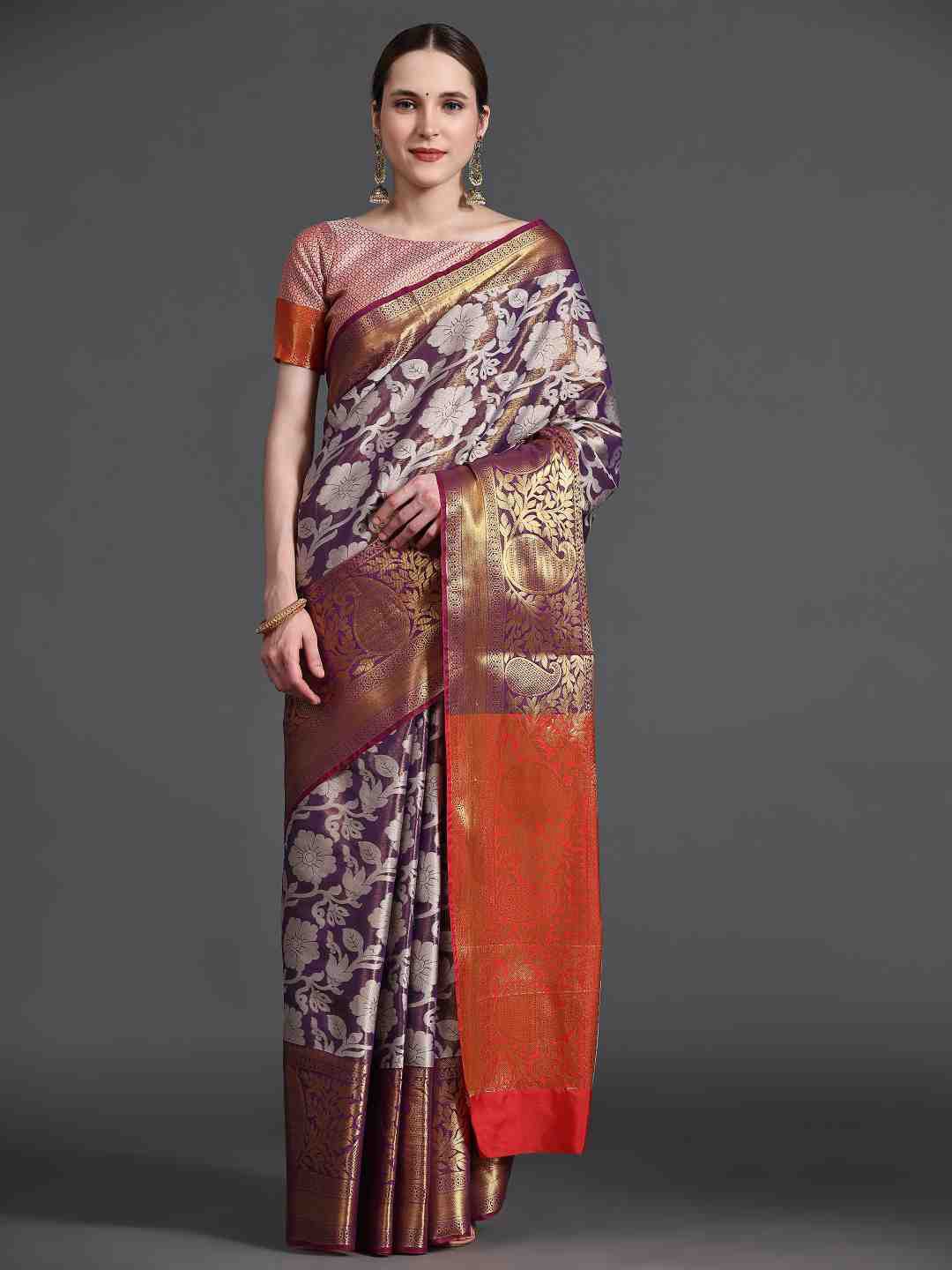 

JUST FASHION Ethnic Motifs Woven Design Zari Art Silk Kanjeevaram Saree, Purple