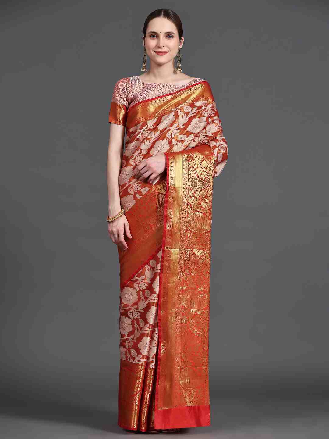 

JUST FASHION Floral Woven Design Zari Kanjeevaram Saree, Red