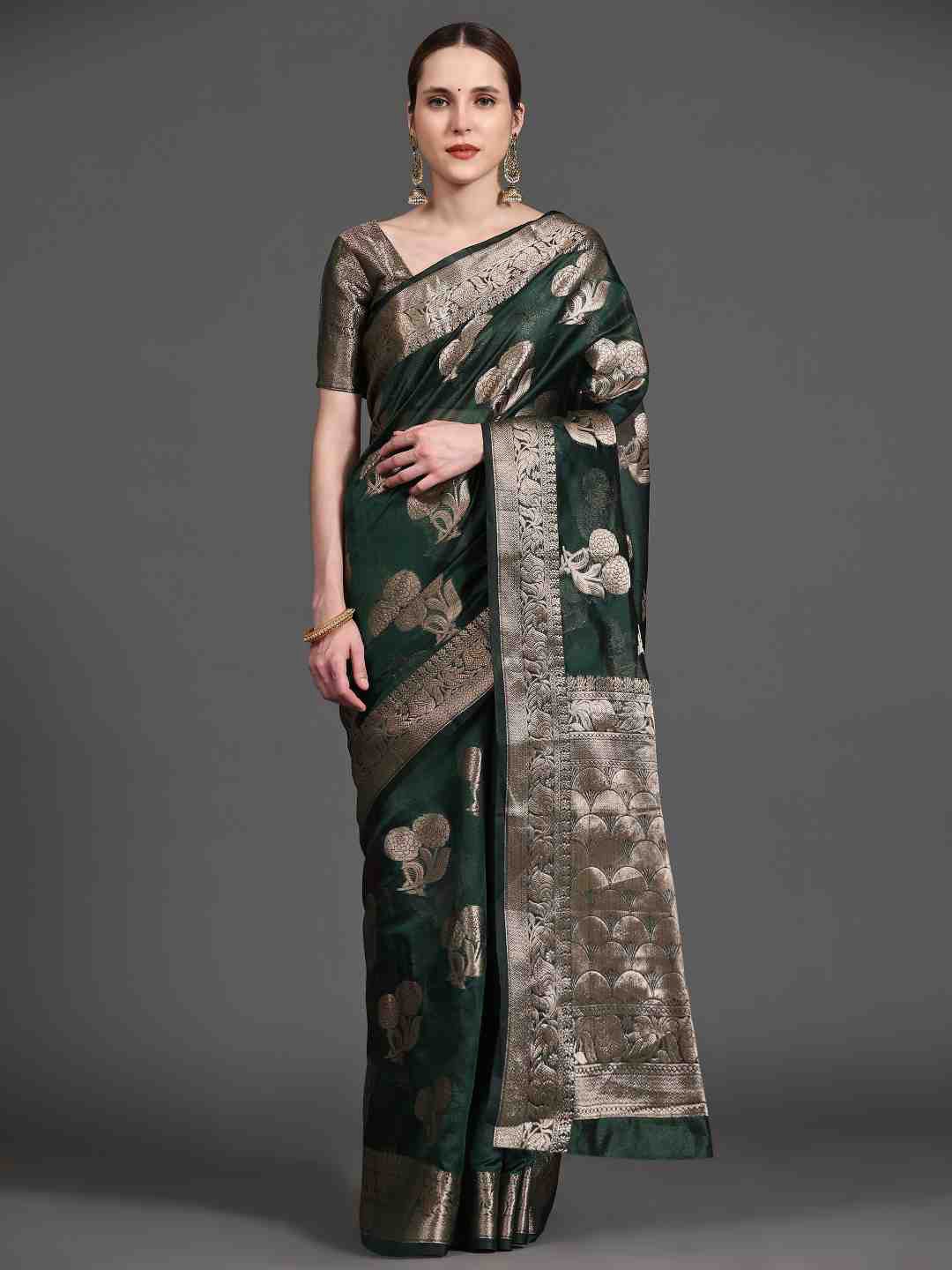 

JUST FASHION Woven Design Zari Banarasi Saree, Green