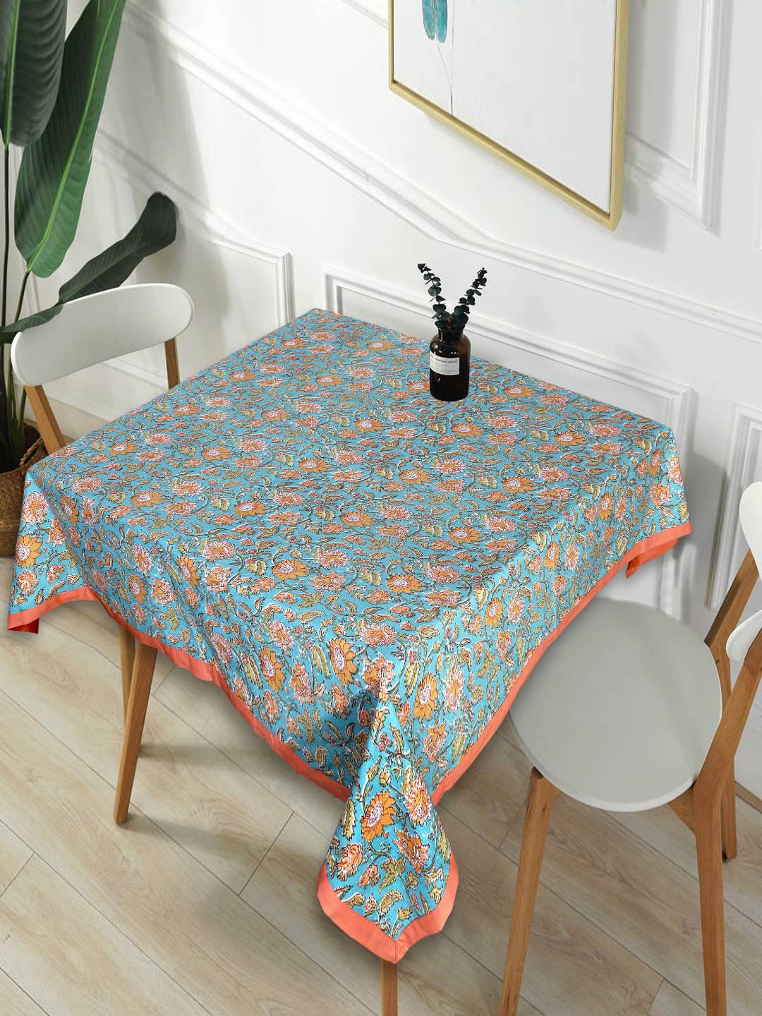 

INDHOME LIFE Blue & Peach Coloured Printed Cotton Square 4-Seater Table Cover